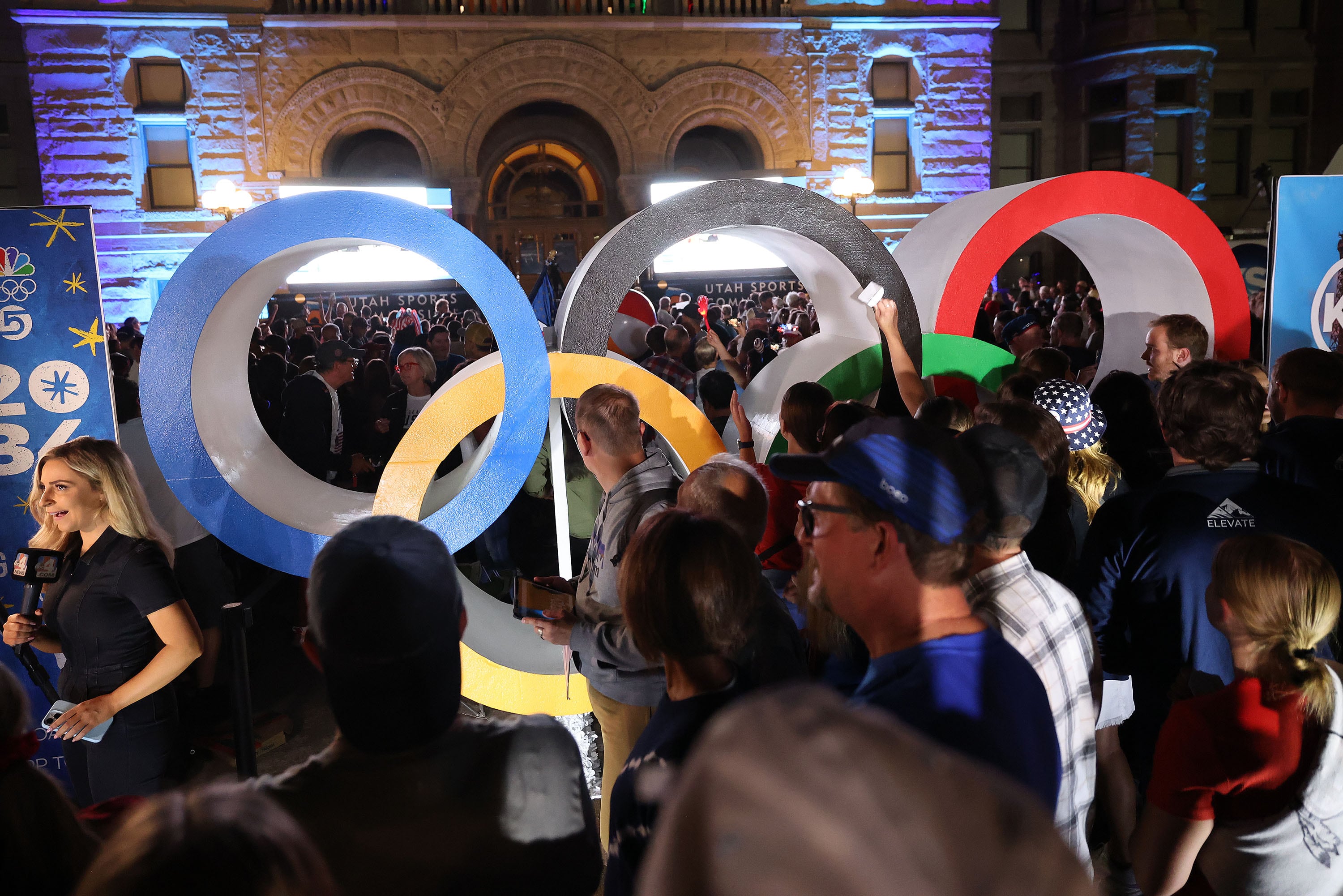 The watch party for the 2034 Winter Olympics bid at Washington Square Park on July 24, 2024. Olympic and Paralympic officials are descending on Salt Lake City for their annual assembly to finalize preparations for the 2026 Winter Olympics.