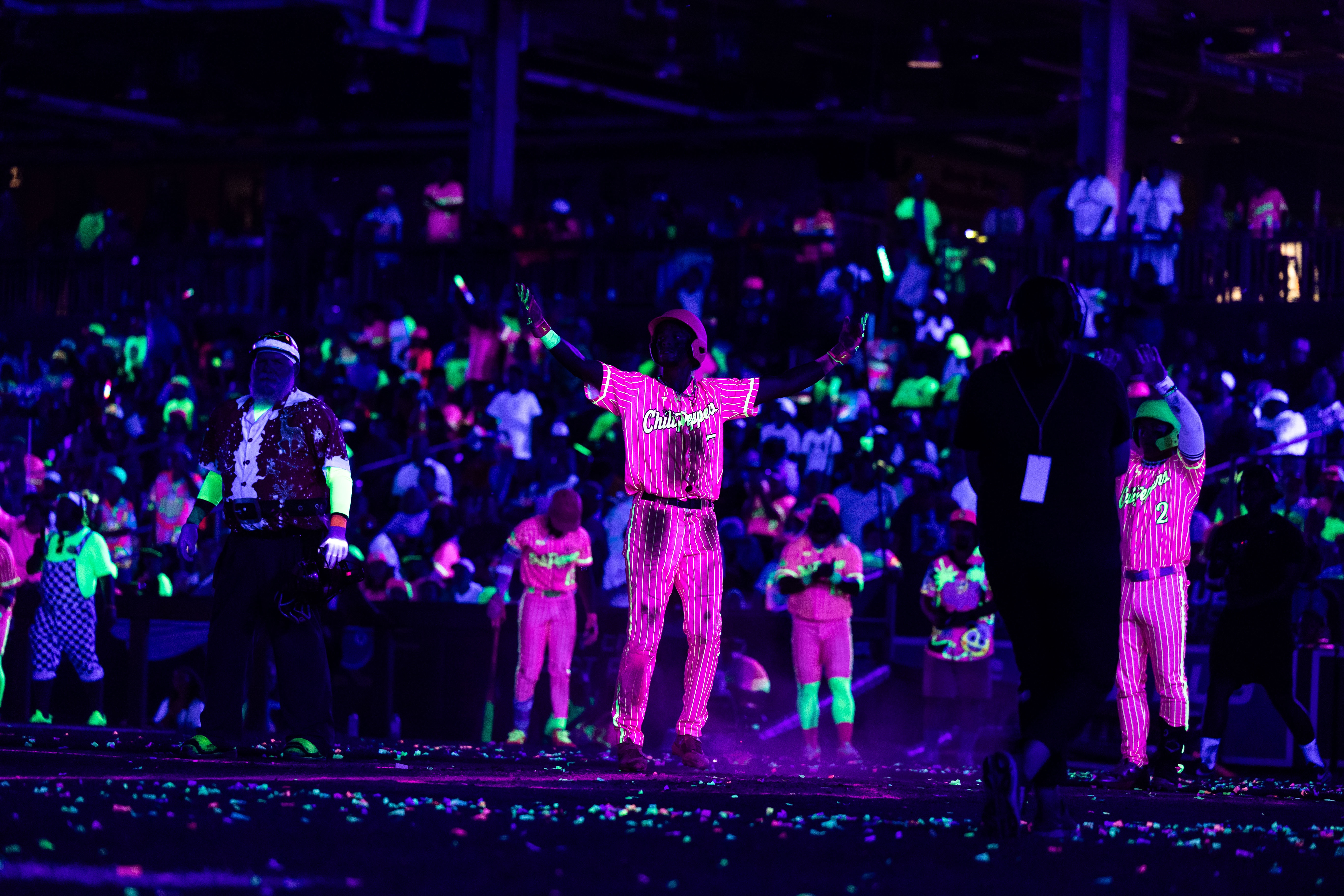 A game of "Cosmic Baseball" is played in Virginia. The Ballpark at America First Square will be the site of a game next year, the Tri-City Chili Peppers announced this week.