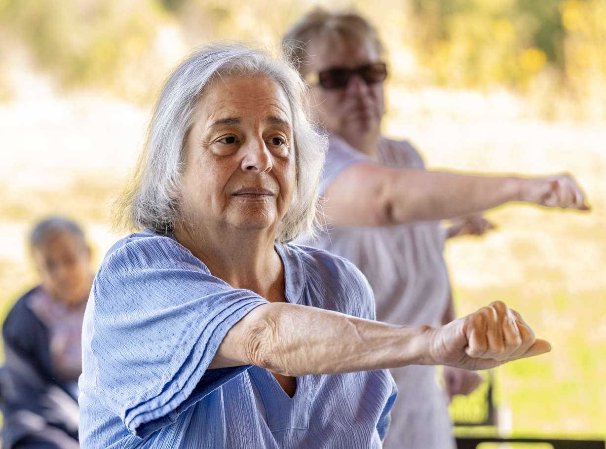 Louise Rausch works on exercises as Salt Lake County Falls Prevention Coalition hosts Strong and Steady, a free community event highlighting ways to prevent falls, which are the leading cause of injury among older adults, at the Wheeler Farm Outdoor Education Center in Murray on Tuesday.