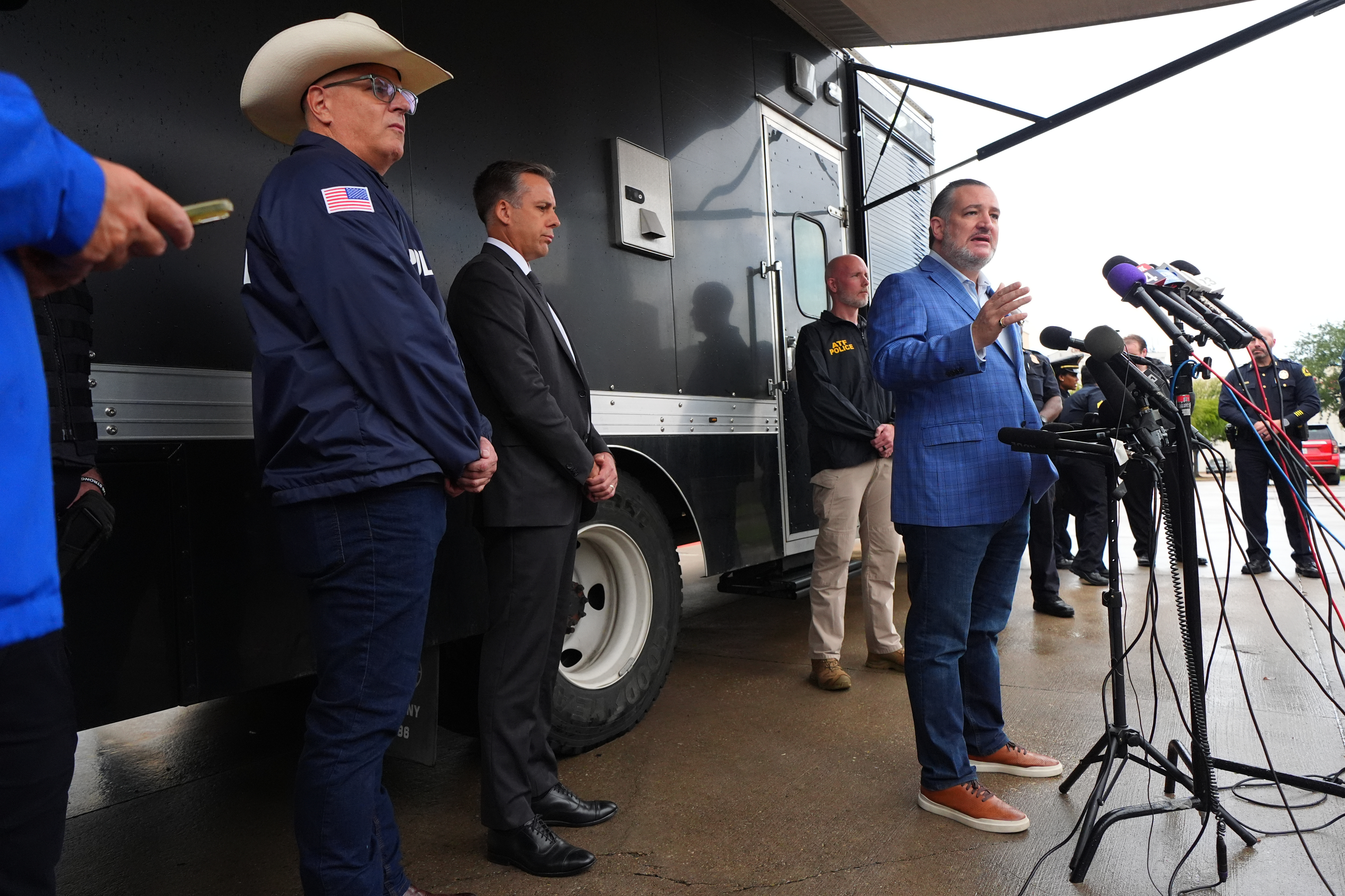 Sen. Ted Cruz, R-Texas, during a news conference on Wednesday in Dallas. Cruz and other leaders continued to call for an end to political violence.