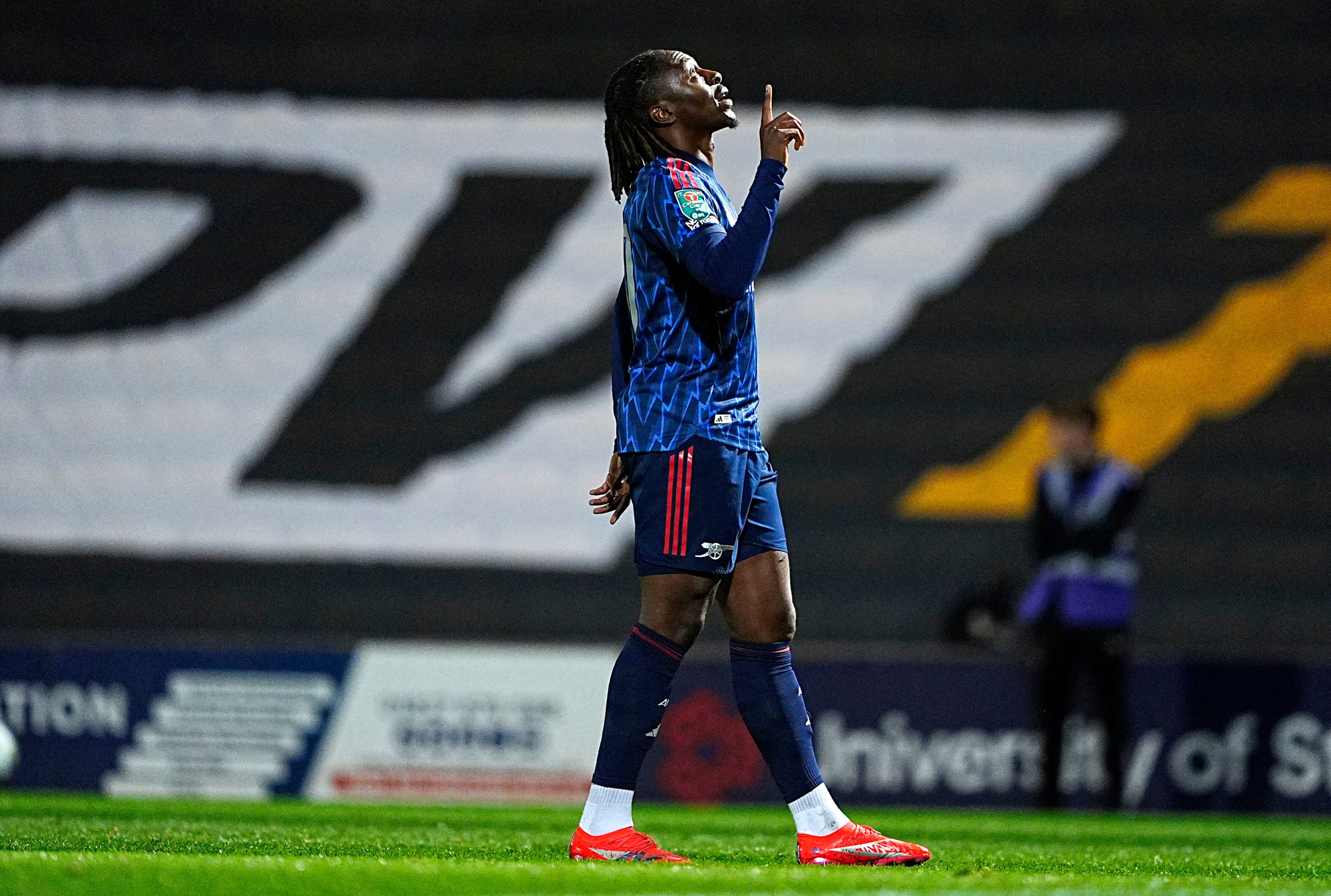 Arsenal's Eberechi Eze celebrates scoring their side's first goal of the game during the English League cup third round soccer match between Port Vale and Arsenal at Vale Park, Stoke-on-Trent, England, Wednesday, Sept. 24, 2025. 