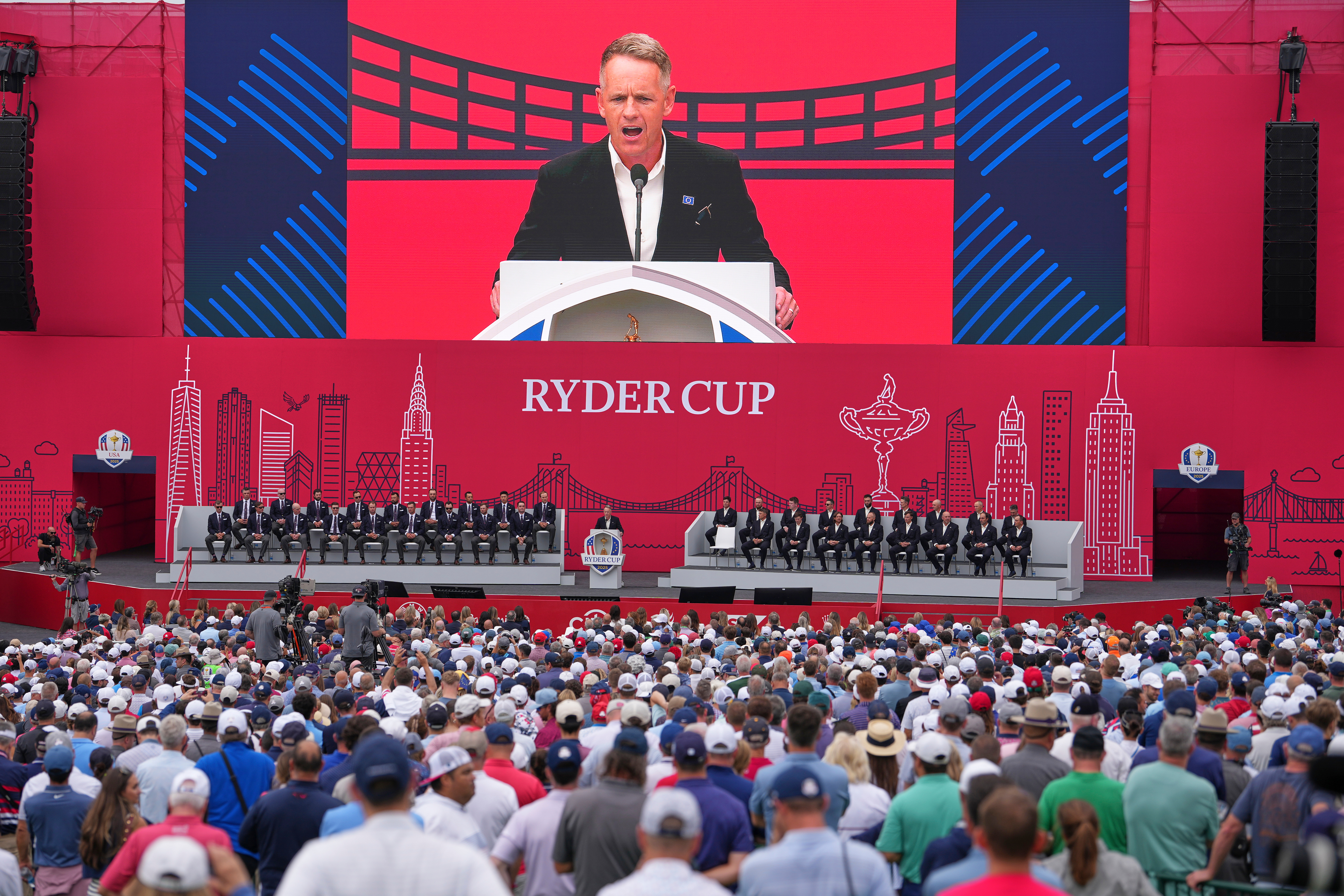 Europe captain Luke Donald speaks during the opening ceremonies for the Ryder Cup golf tournament, Wednesday, Sept. 24, 2025, on the Bethpage Black golf course, in Farmingdale, N.Y. 