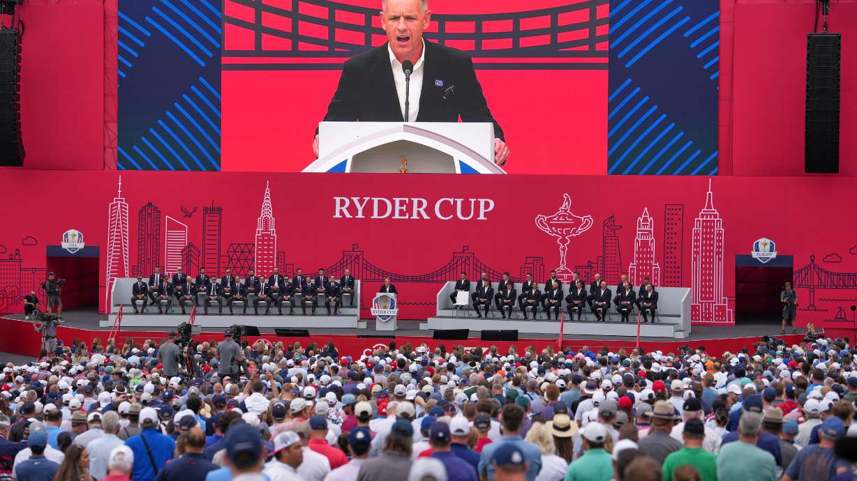 Europe captain Luke Donald speaks during the opening ceremonies for the Ryder Cup golf tournament, Wednesday, Sept. 24, 2025, on the Bethpage Black golf course, in Farmingdale, N.Y.