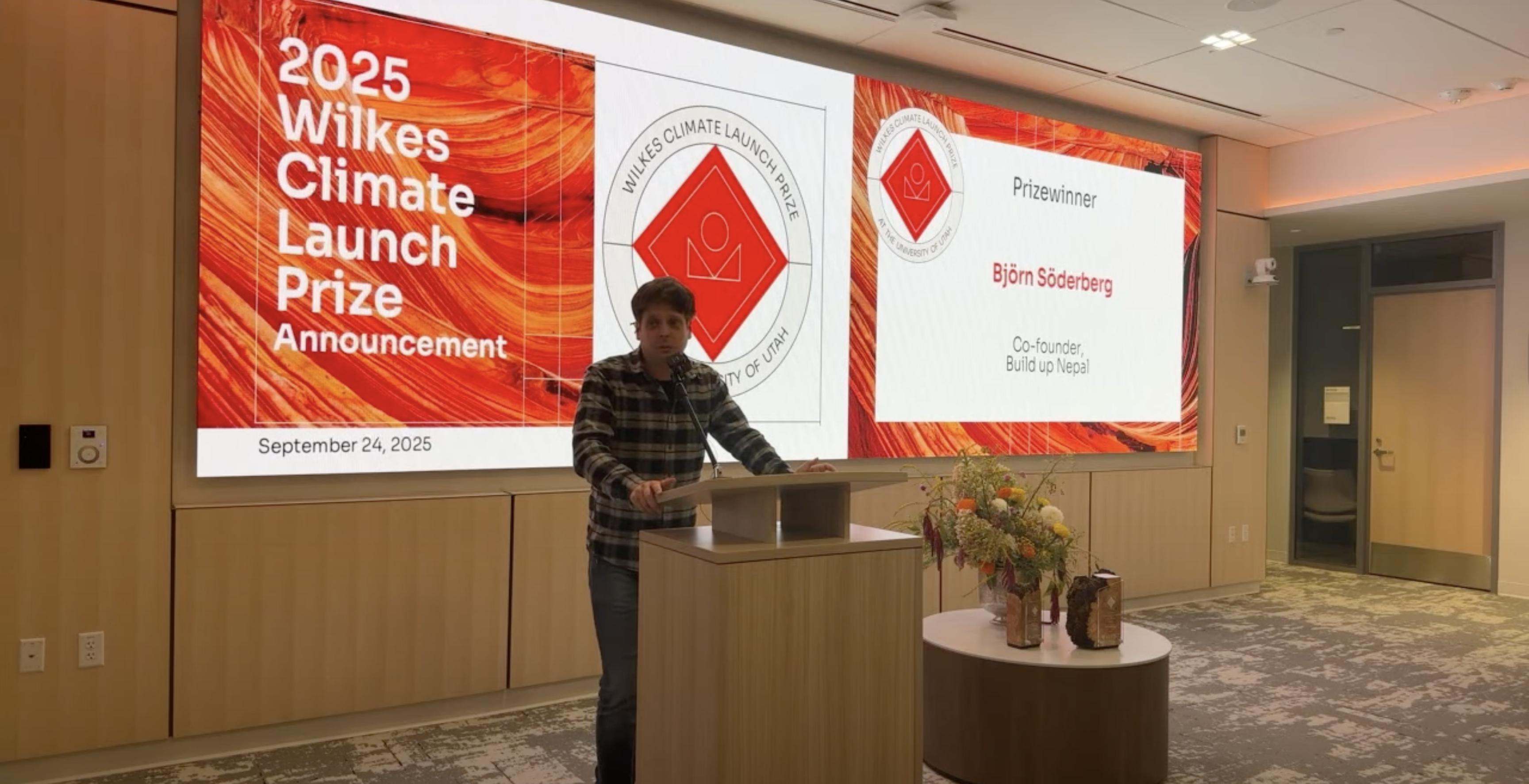 Bjorn Soderberg, CEO and co-founder of Build up Nepal, speaks after being announced as the winner of the University of Utah's $250,000 Wilkes Climate Launch Prize for 2025.