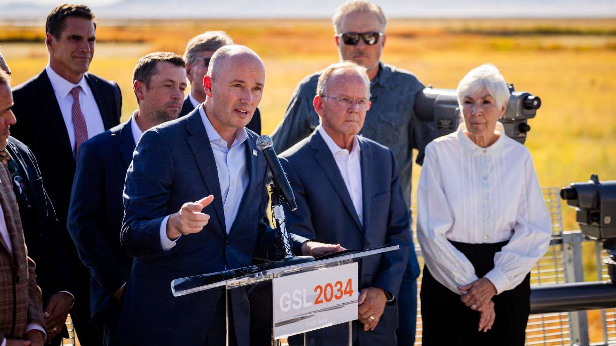 Gov. Spencer Cox speaks after a meeting with state, federal, philanthropic and business leaders to discuss the Great Salt Lake and its challenges at the George S. and Dolores Doré Eccles Wildlife Education Center in Farmington on Wednesday.