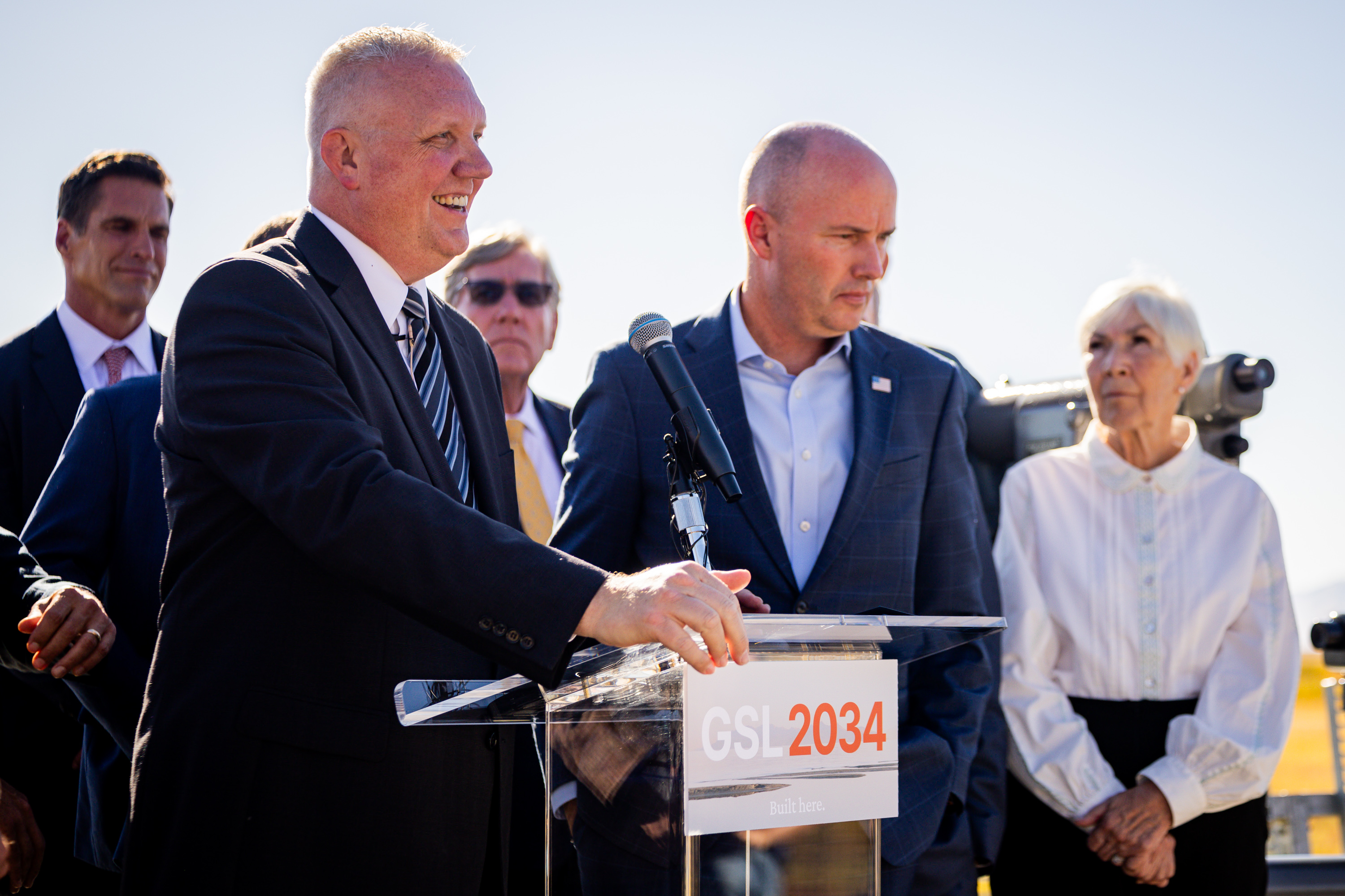 Brian Steed, Great Salt Lake commissioner, speaks at a press conference held after a meeting with state, federal, philanthropic and business leaders to discuss the importance of the Great Salt Lake and the challenges it is facing at the George S. and Dolores Doré Eccles Wildlife Education Center in Farmington on Wednesday.