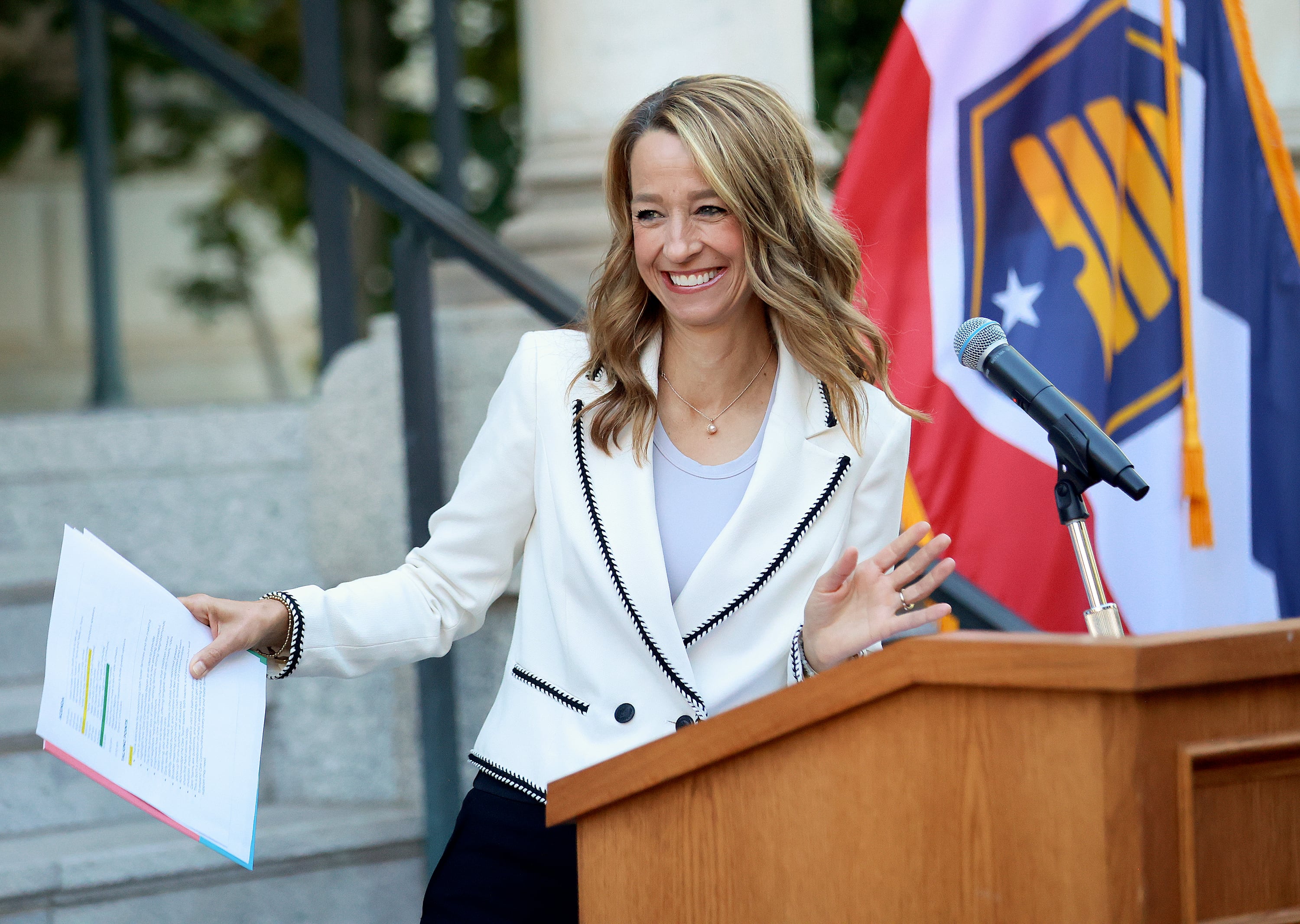 Utah first lady Abby Cox at the launch of Care Communities at the Governor’s Mansion in Salt Lake City on Wednesday. The goal is to launch 60 more of these foster care support communities in the next year.