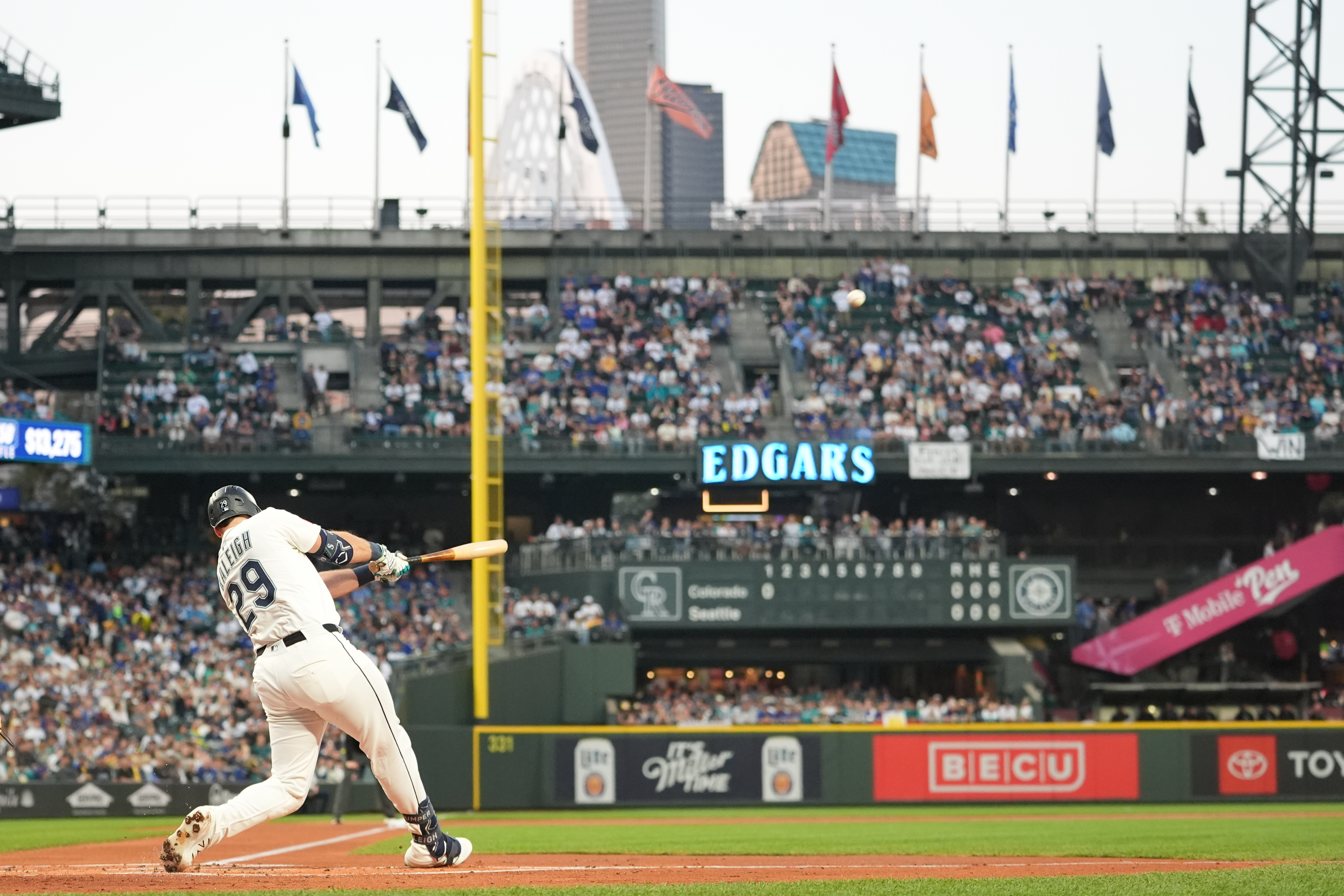 Seattle Mariners' Cal Raleigh hits a solo home run during the first inning of a baseball game against the Colorado Rockies, Wednesday, Sept. 24, 2025, in Seattle.