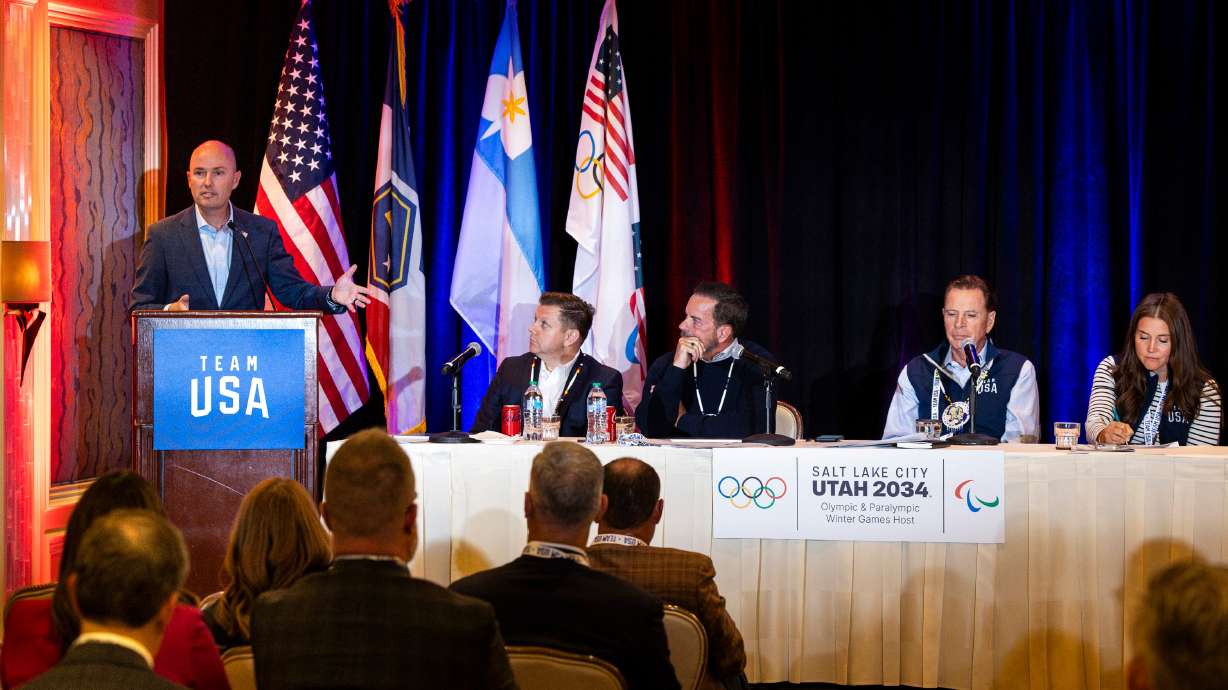 Gov. Spencer Cox speaks at a meeting of the Organizing Committee for the 2034 Olympic and Paralympic Winter Games at the Little America Hotel in Salt Lake City on Wednesday.