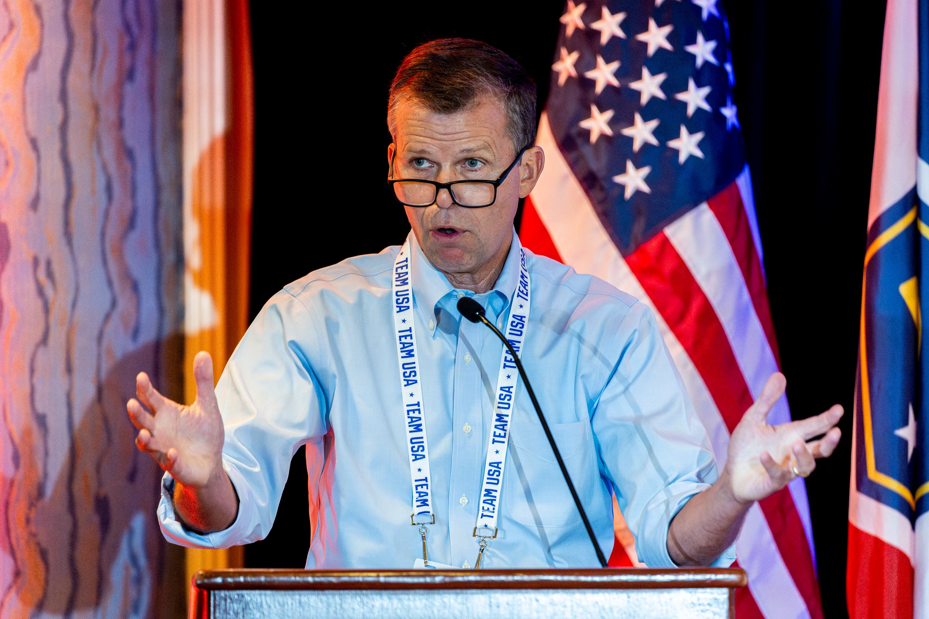 David Huntsman, CEO of the Huntsman Family Foundation, speaks during a quarterly meeting of the steering committee for the Organizing Committee for the 2034 Olympic and Paralympic Winter Games held at The Little America Hotel in Salt Lake City on Wednesday.