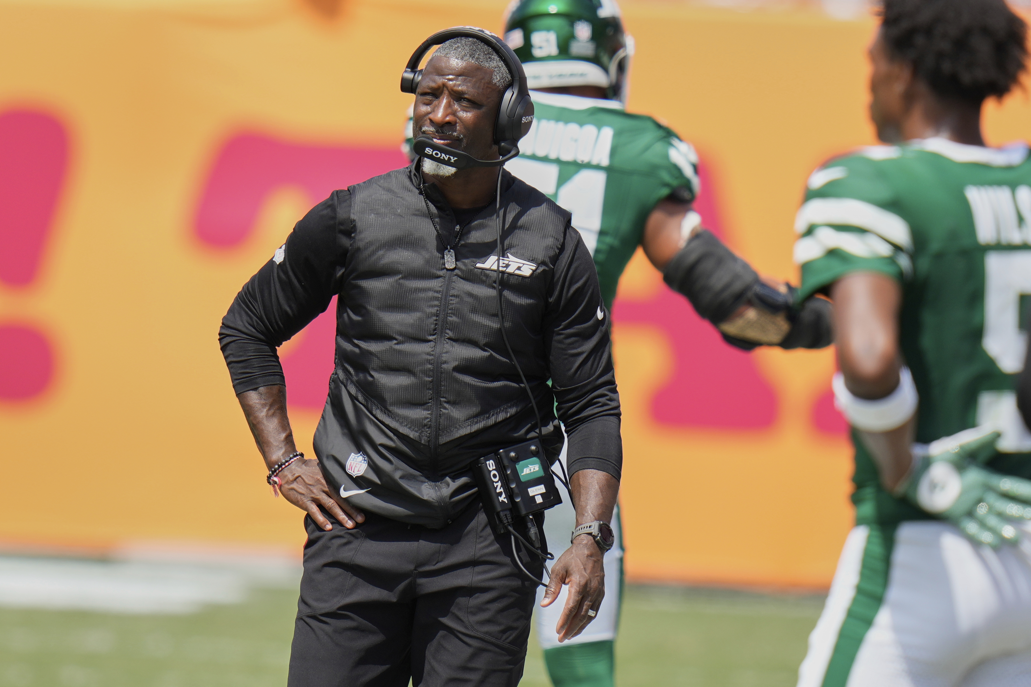 New York Jets head coach Aaron Glenn watches from the sidelines during the first half of an NFL football game against the Tampa Bay Buccaneers Sunday, Sept. 21, 2025, in Tampa, Fla. 