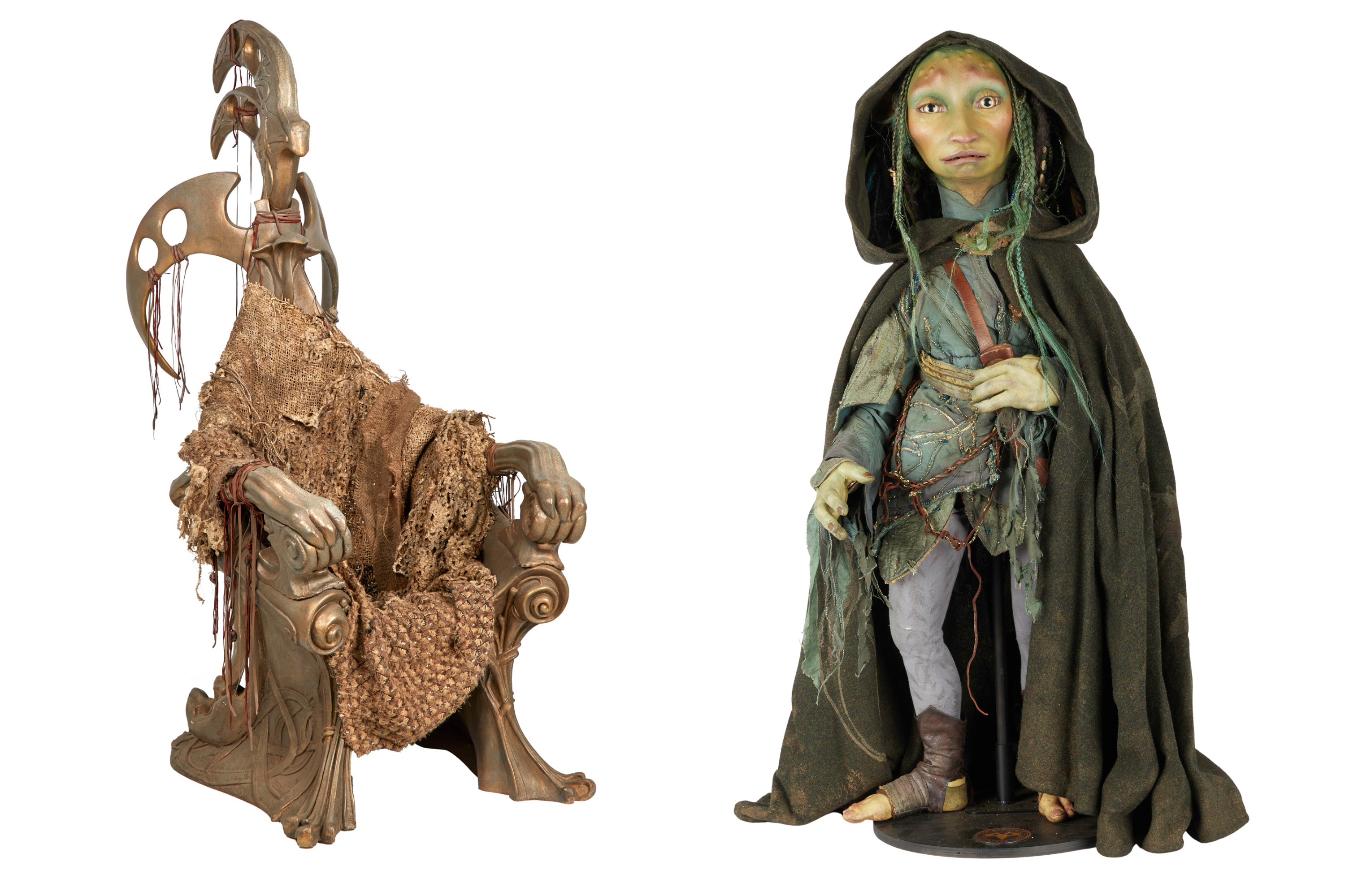 This combo of images provided by Julien's Auctions shows, from left, Dark Crystal skekGra the Heretic Circle of the Suns Skeksis Chair and The Dark Crystal Naia (Hannah John-Kamen) Drenchen Gelfling, part of more than 400 props, costumes and set pieces from Muppets creator Jim Henson’s extensive career will go up for auction this fall. 