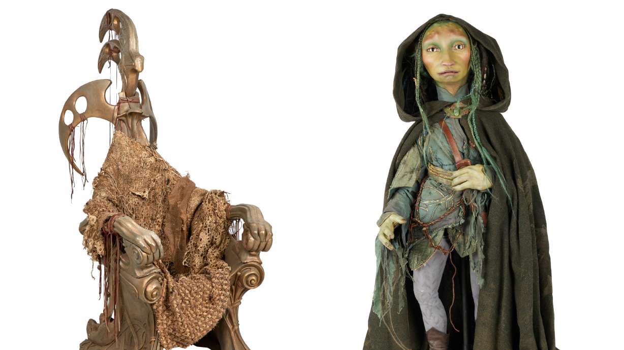 This combo of images provided by Julien's Auctions shows, from left, Dark Crystal skekGra the Heretic Circle of the Suns Skeksis Chair and The Dark Crystal Naia (Hannah John-Kamen) Drenchen Gelfling, part of more than 400 props, costumes and set pieces from Muppets creator Jim Henson’s extensive career will go up for auction this fall.
