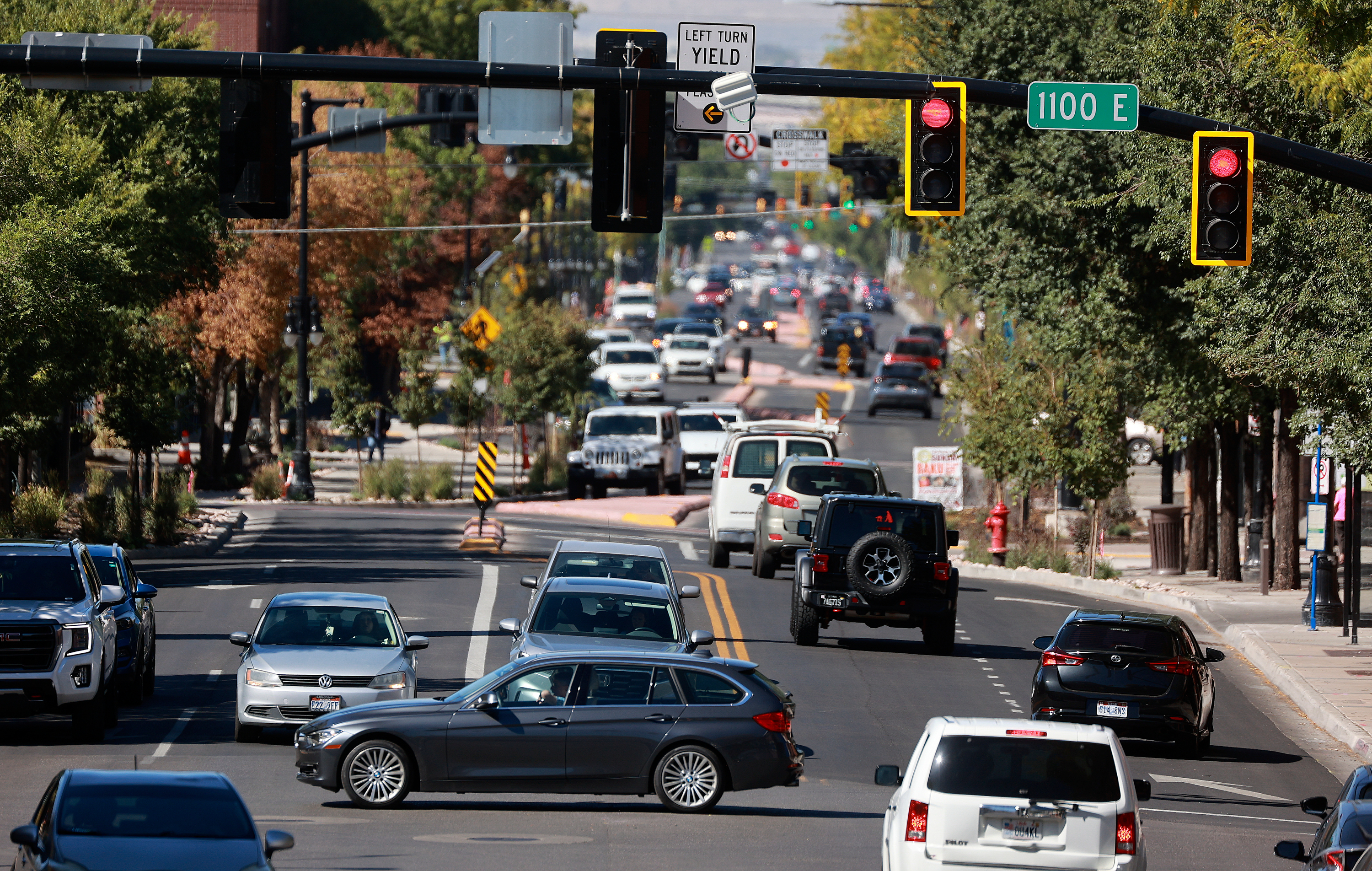 Traffic moves along and across 2100 South in the Sugar House neighborhood of Salt Lake City on Thursday. Sugar House businesses are celebrating the end of construction in the area with Sugar Fest on Oct. 4. 