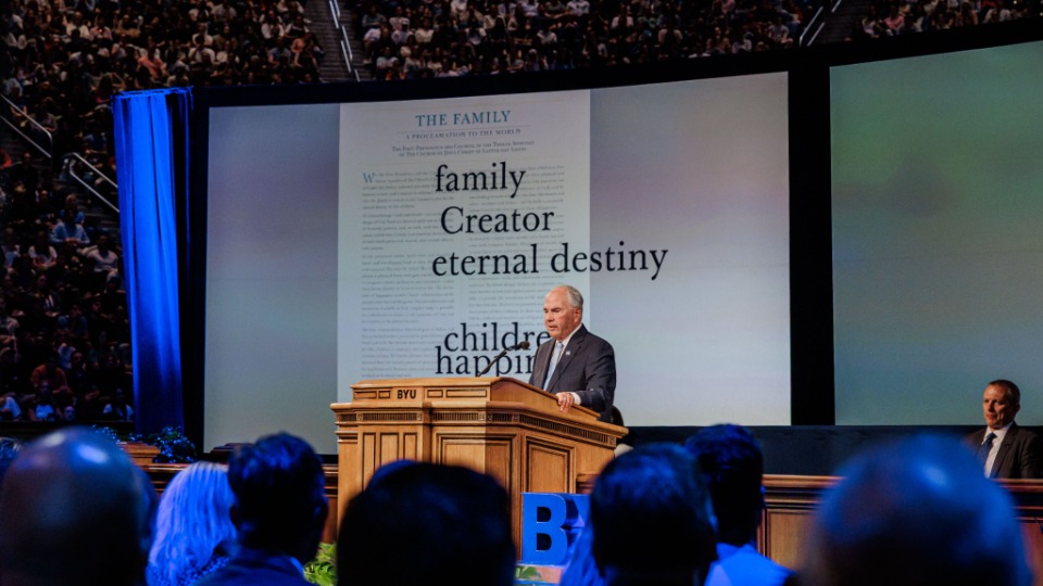 Elder Ronald A. Rasband, of the Quorum of the Twelve Apostles of The Church of Jesus Christ of Latter-day Saints, speaks to BYU students and faculty in the Marriott Center in Provo on Sept. 23. 