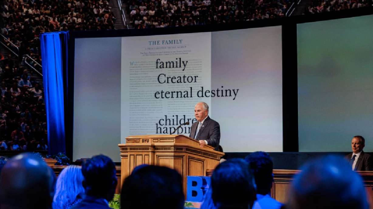 Elder Ronald A. Rasband, of the Quorum of the Twelve Apostles of The Church of Jesus Christ of Latter-day Saints, speaks to BYU students and faculty in the Marriott Center in Provo on Sept. 23.