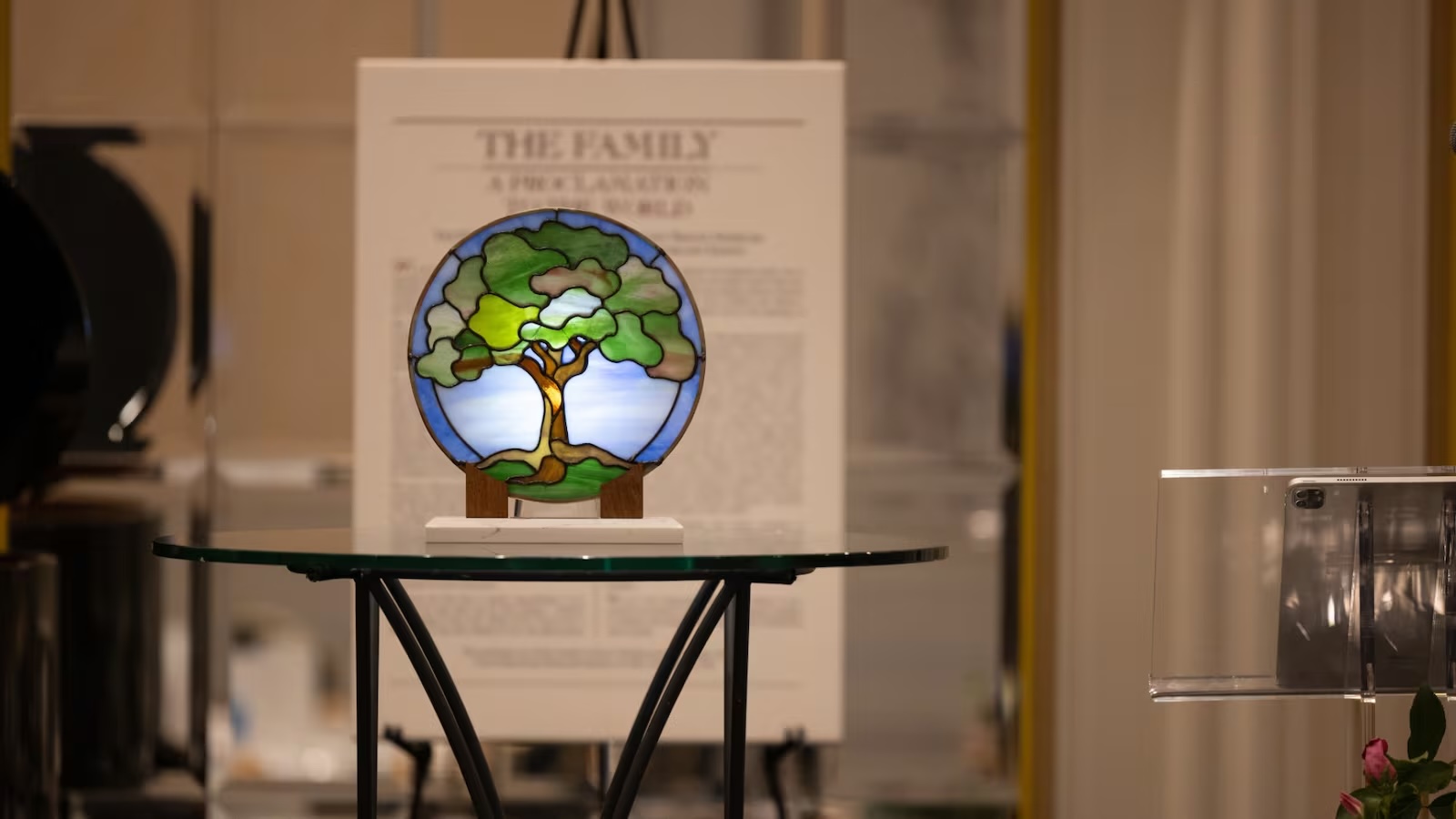 The European Family Values Award is on display near "The Family: A Proclamation to the World" in Brussels, Belgium, on May 13.