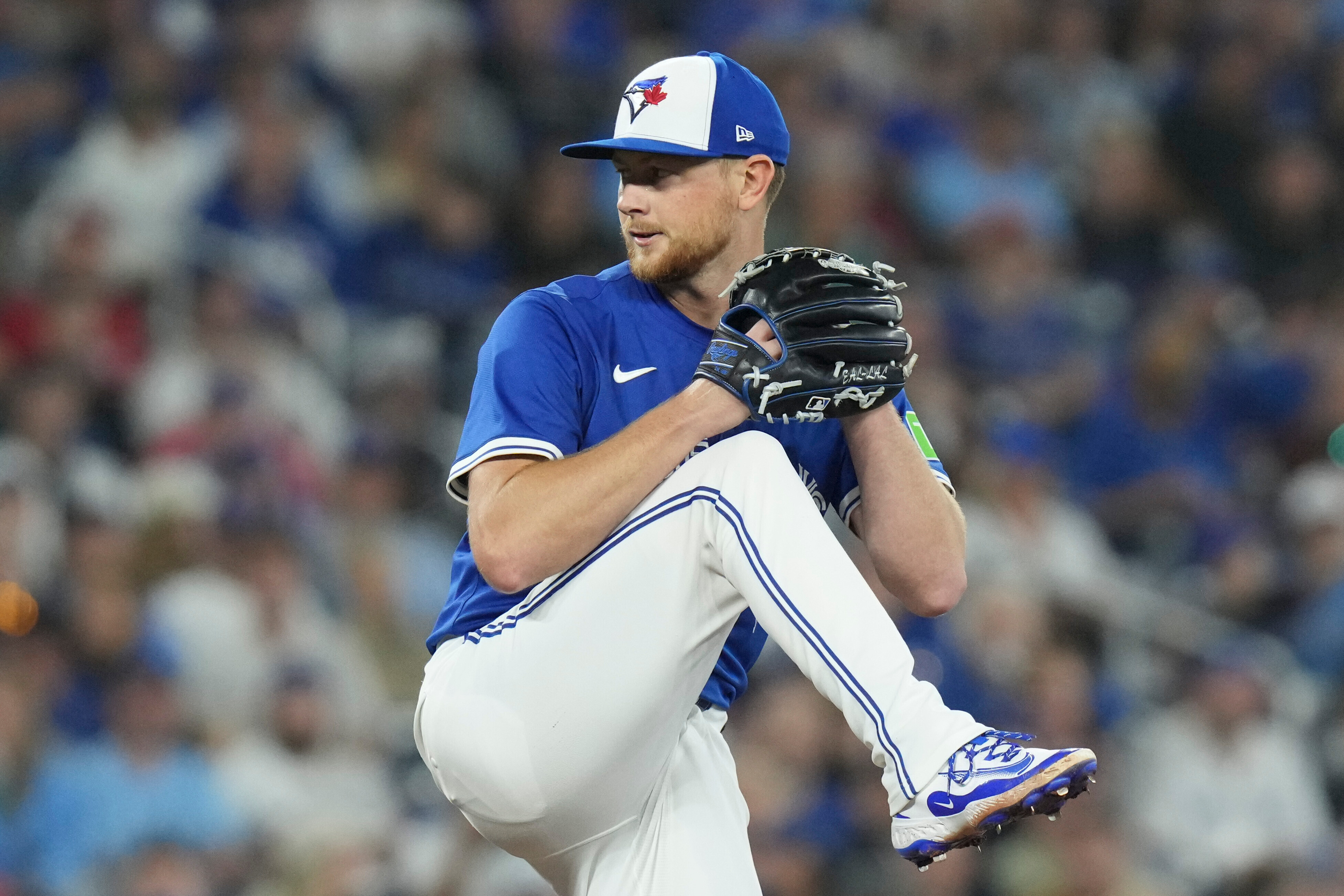 Toronto Blue Jays pitcher Eric Lauer (56) works against the Boston Red Sox during fourth inning MLB baseball action in Toronto on Thursday Sept. 25, 2025. 