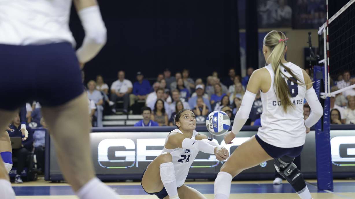 BYU's Suli Davis digs a ball during an NCAA women's volleyball match against Colorado, Thursday, Sept. 25, 2025 at the Smith Fieldhouse in Provo, Utah.