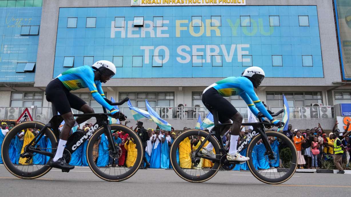 Team Rwanda competes, during the team time trial mixed relay event, at the road cycling World Championships in Kigali, Rwanda, Wednesday, Sept. 24, 2025.