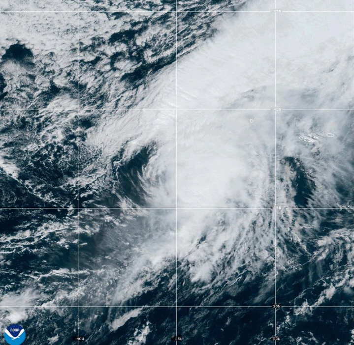 Hurricane Gabrielle in the North Atlantic Ocean, Thursday. Gabrielle weakened into a post-tropical cyclone on Friday after passing over the Azores west of Portugal.