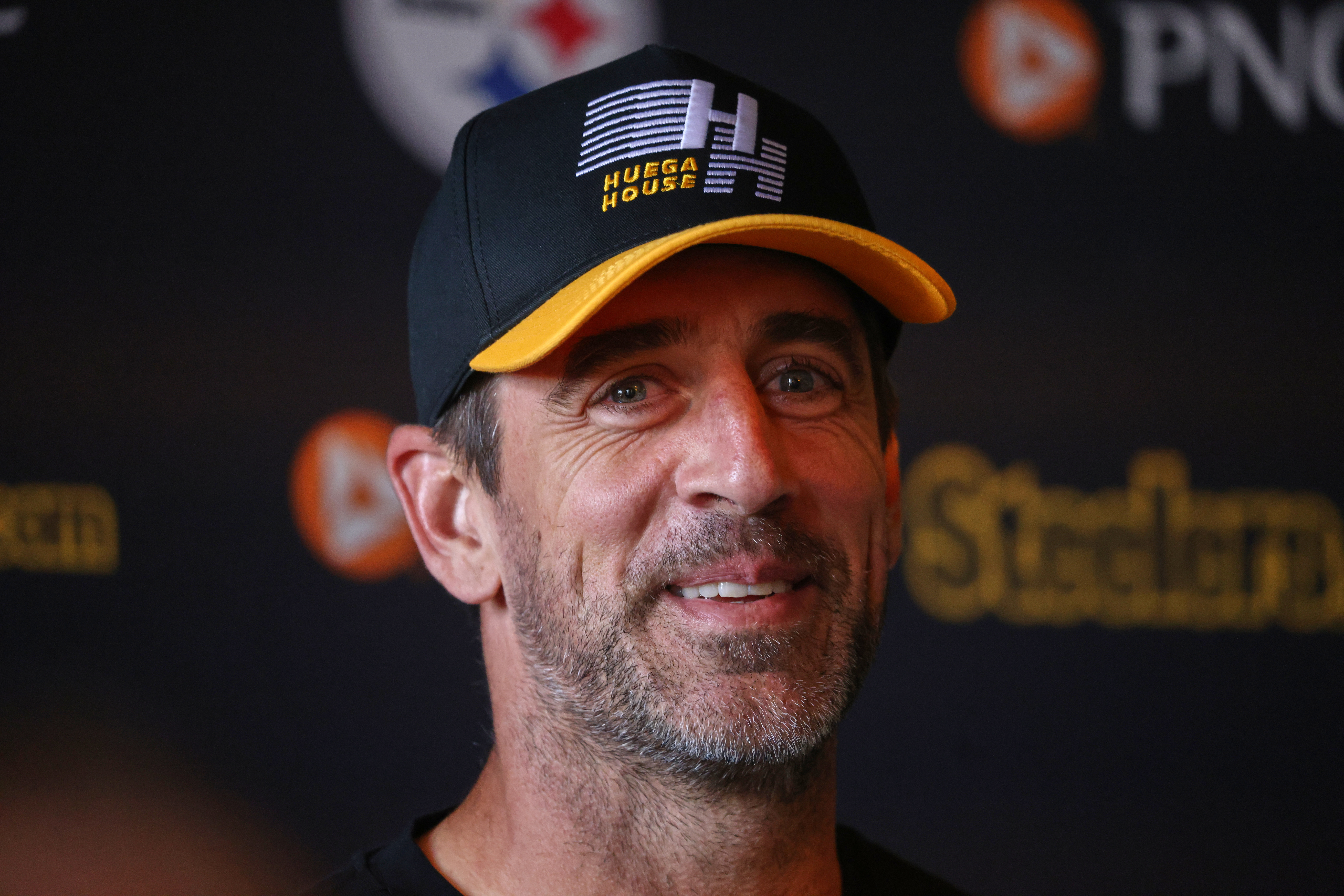 Pittsburgh Steelers quarterback Aaron Rodgers speaks during a press conference prior to a training session ahead of their match against Minnesota Vikings in Dublin, Friday, Sept. 26, 2025.