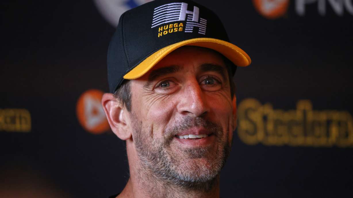 Pittsburgh Steelers quarterback Aaron Rodgers speaks during a press conference prior to a training session ahead of their match against Minnesota Vikings in Dublin, Friday, Sept. 26, 2025.