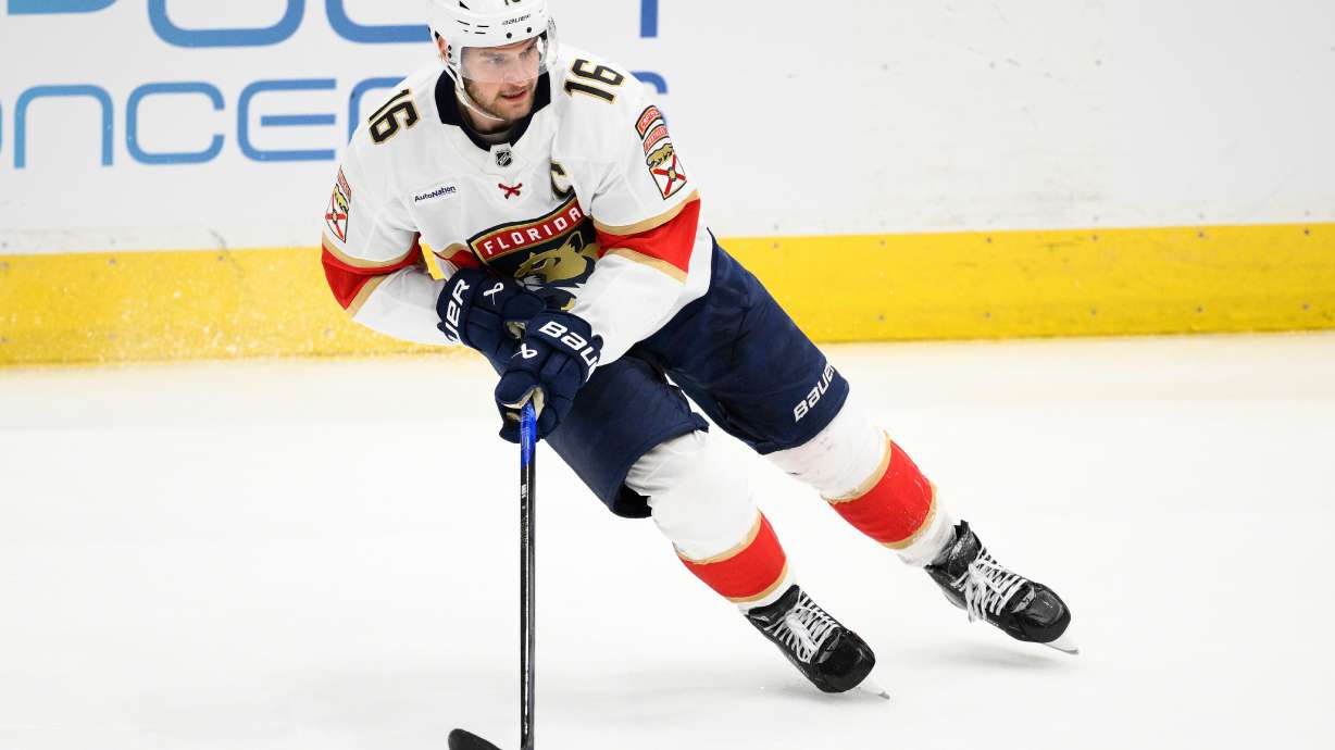 FILE - Florida Panthers center Aleksander Barkov (16) skates during the third period of an NHL hockey game against the Washington Capitals, Saturday, March 22, 2025, in Washington.