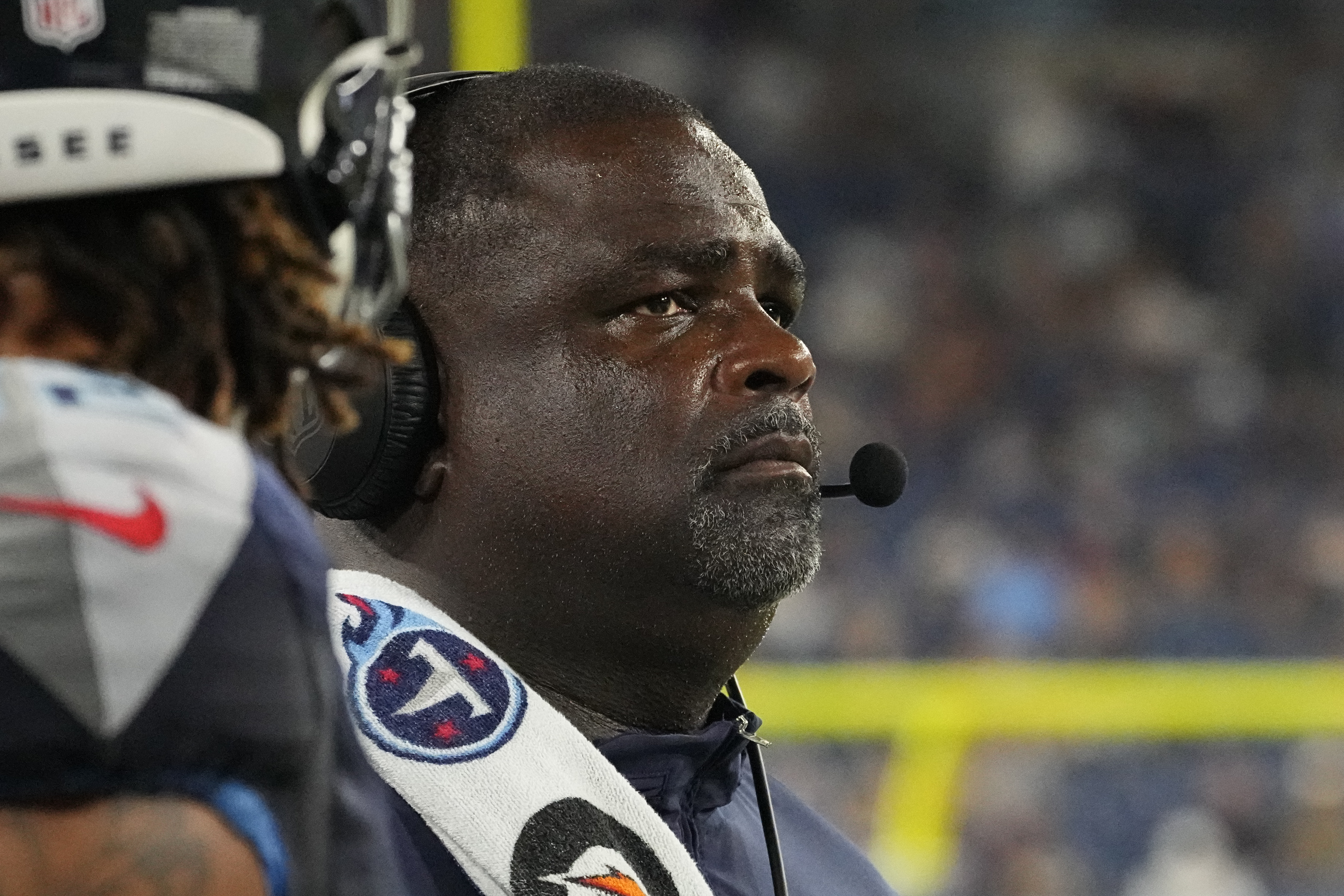 FILE - Tennessee Titans assistant head coach Terrell Williams looks out from the sideline in the second half of an NFL preseason football game against the New England Patriots, Aug. 25, 2023, in Nashville, Tenn. 