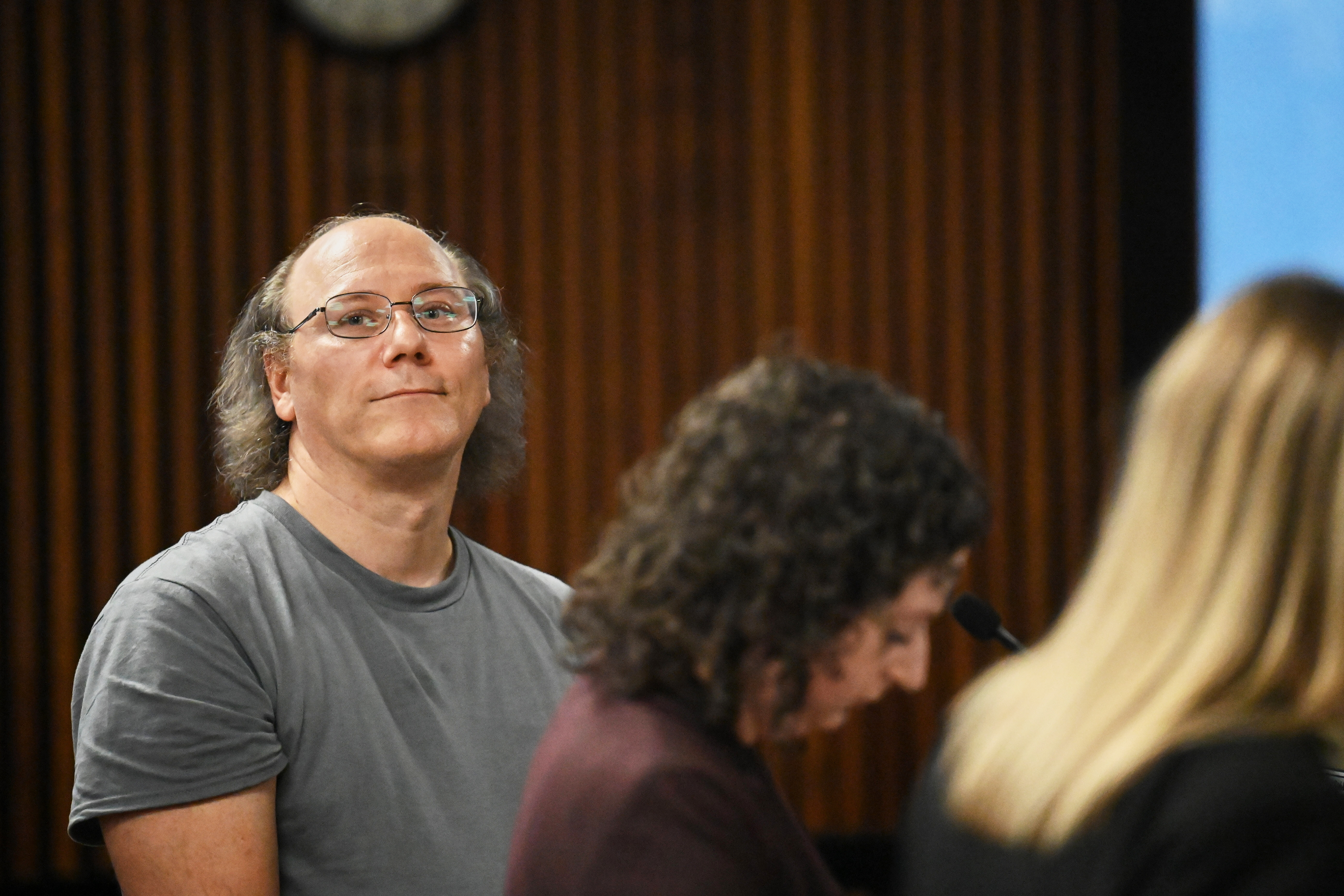 Lorenz Kraus, a 53-year-old man who was arrested for murder after telling a television news anchor that he killed his parents, is arraigned before Judge Joshua Farrell on Friday, at Albany City Court in Albany, N.Y.
