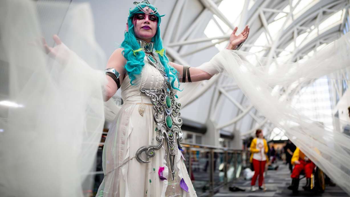 Nayelli Pompa, dressed as Tyrande from "Warcraft III: Reign of Chaos," at FanX at the Salt Palace Convention Center in Salt Lake City on Thursday. Pompa spent a year making her costume.