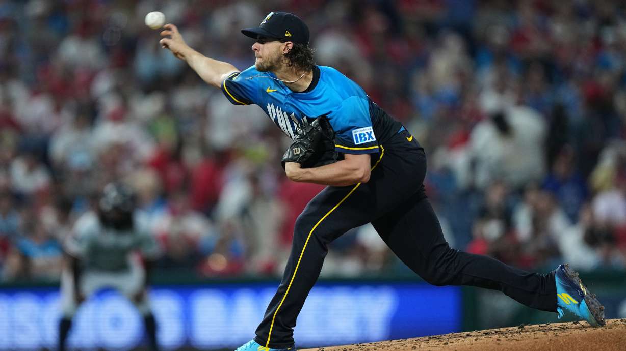 Philadelphia Phillies' Aaron Nola pitches during the third inning of a baseball game against the Minnesota Twins, Friday, Sept. 26, 2025, in Philadelphia.