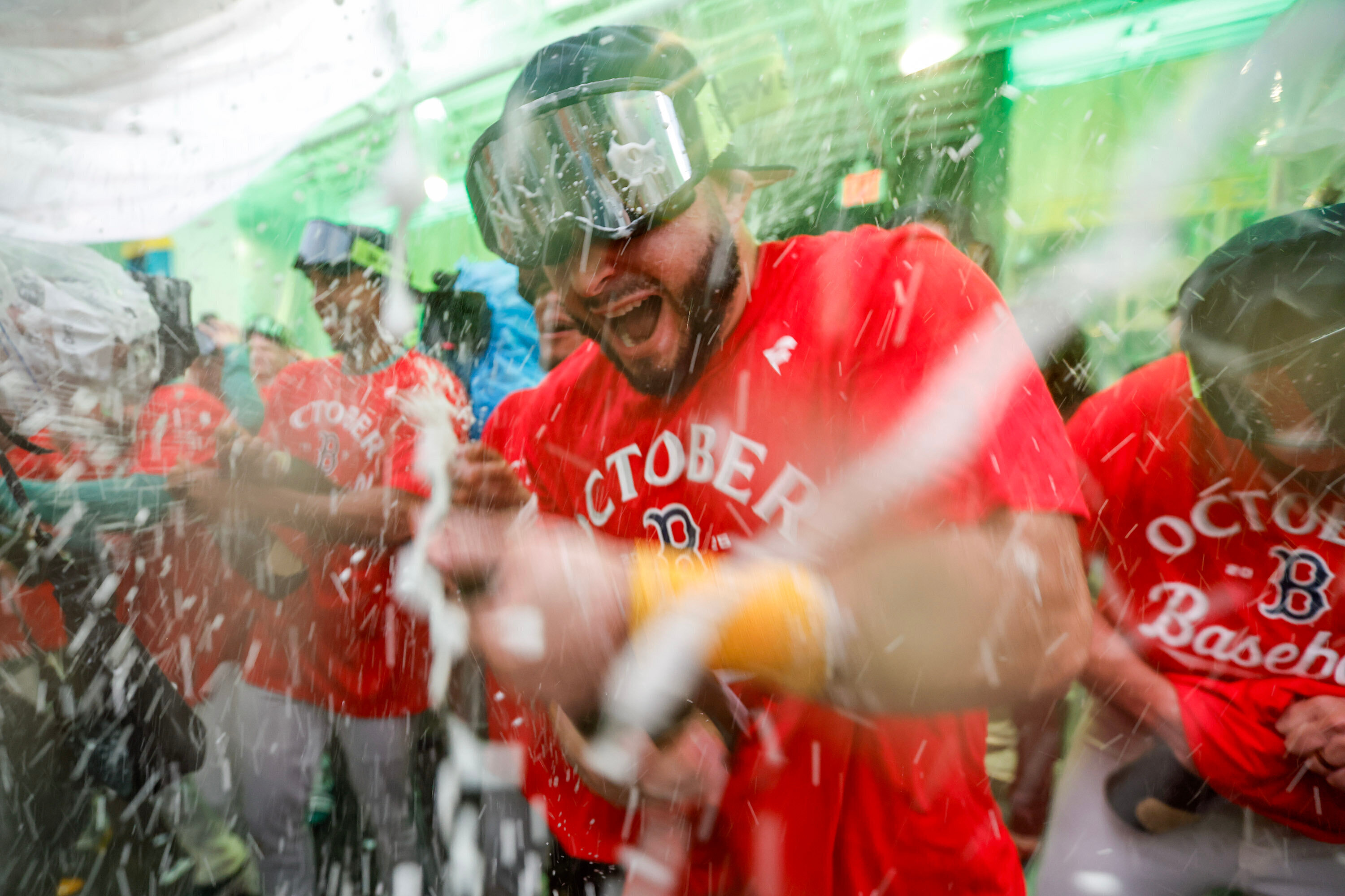 Boston Red Sox outfielder Wilyer Abreu celebrates with teammates after defeating the Detroit Tigers in a baseball game to advance to the post season, Friday, Sept. 26, 2025, in Boston. 