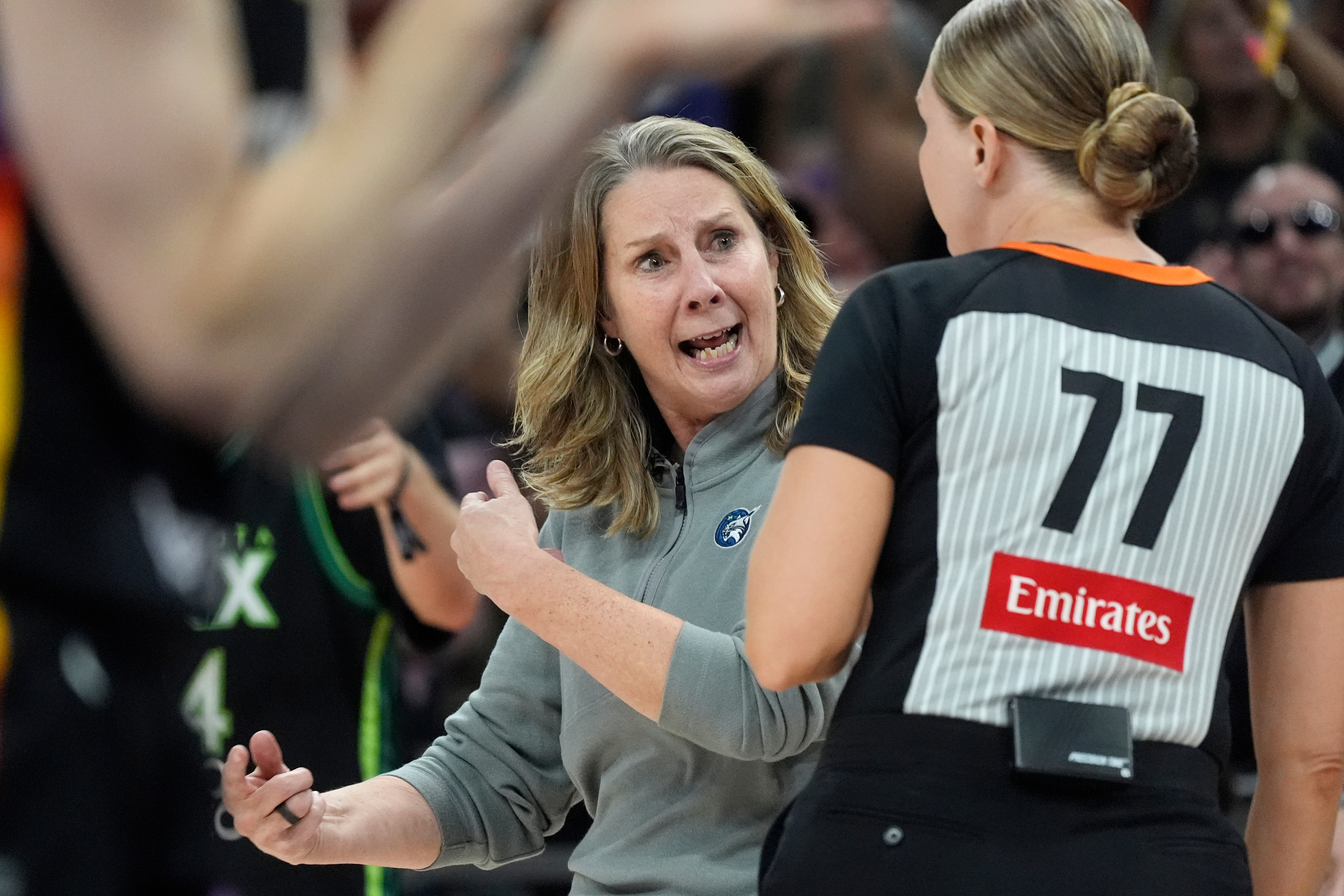 Minnesota Lynx head coach Cheryl Reeve reacts to getting a technical foul by an official during the first half of Game 3 of a WNBA basketball playoff semifinals series game against the Phoenix Mercury Friday, Sept. 26, 2025, in Phoenix. 