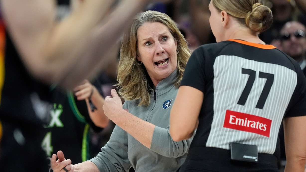 Minnesota Lynx head coach Cheryl Reeve reacts to getting a technical foul by an official during the first half of Game 3 of a WNBA basketball playoff semifinals series game against the Phoenix Mercury Friday, Sept. 26, 2025, in Phoenix.