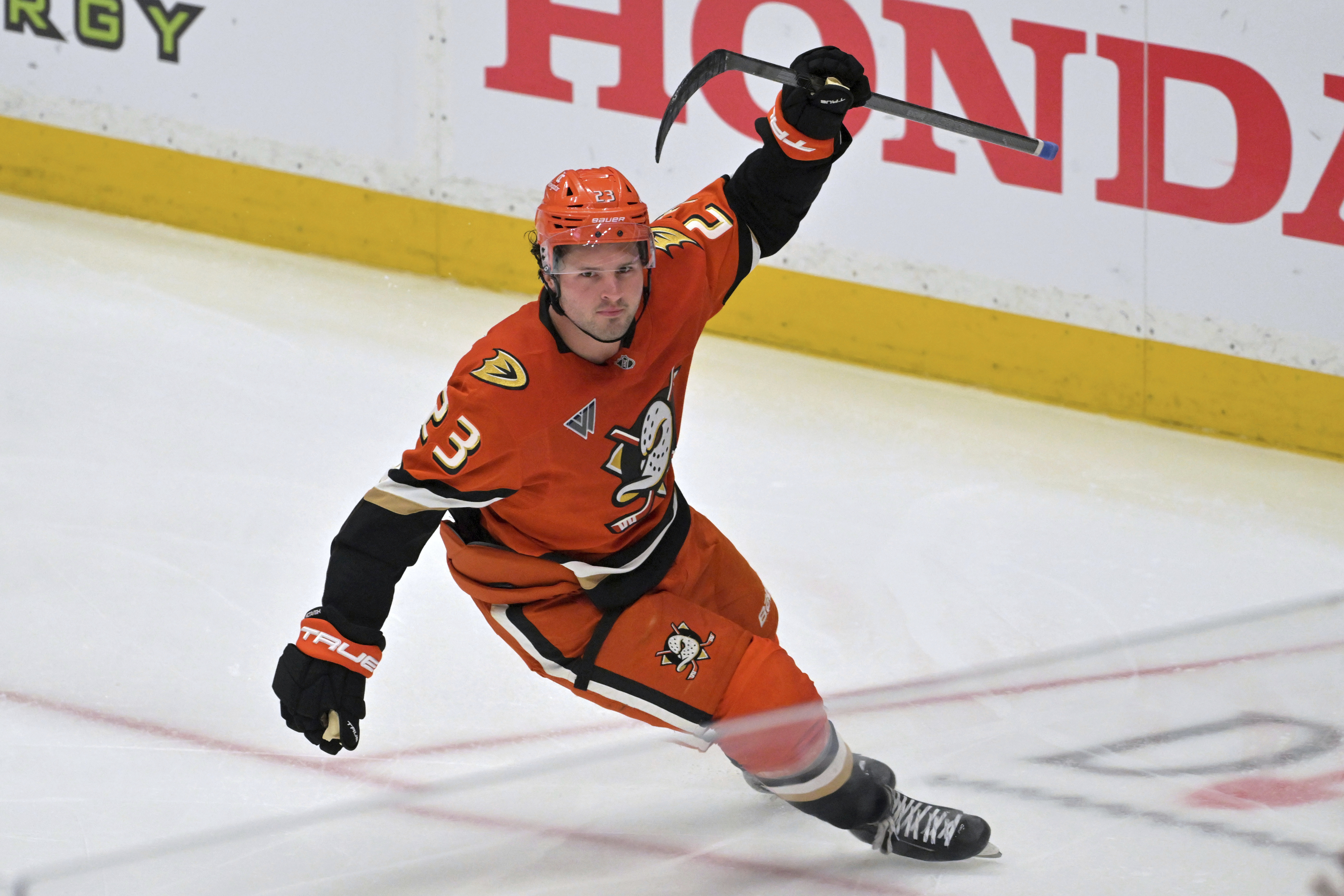 FILE - Anaheim Ducks center Mason McTavish celebrates after scoring a goal during the third period of an NHL hockey game against the Edmonton Oilers, April 7, 2025, in Anaheim, Calif. 