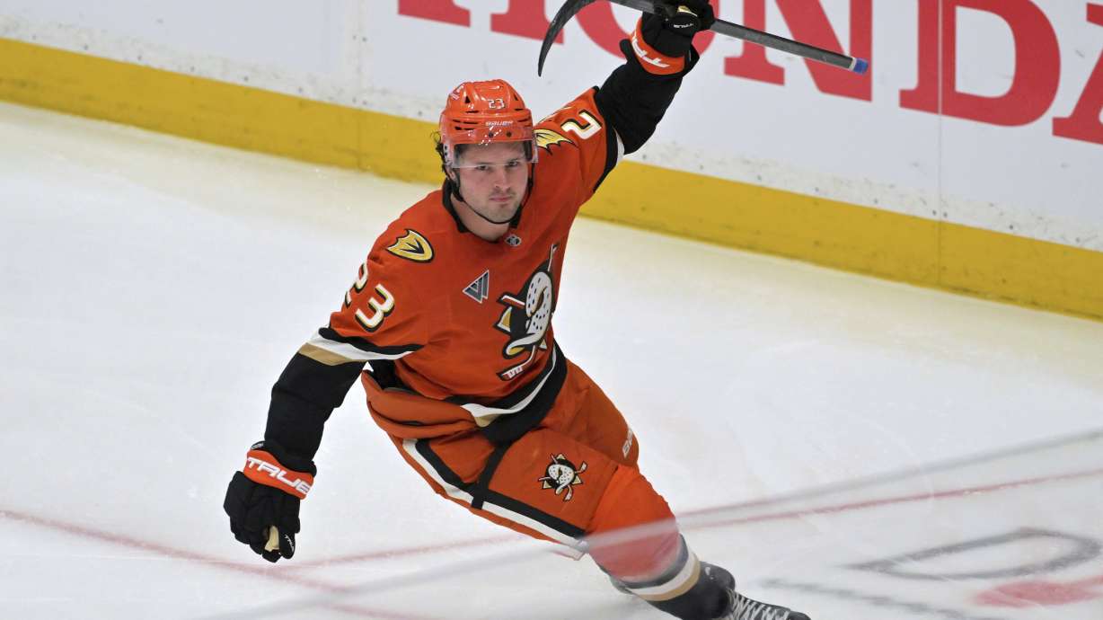 FILE - Anaheim Ducks center Mason McTavish celebrates after scoring a goal during the third period of an NHL hockey game against the Edmonton Oilers, April 7, 2025, in Anaheim, Calif.