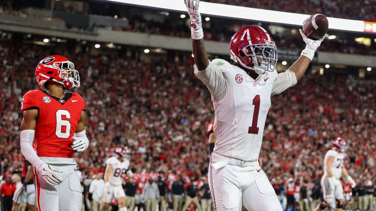 Alabama wide receiver Isaiah Horton (1) reacts after scoring a touchdown in the first half of an NCAA college football game against Georgia, Saturday, Sept. 27, 2025, in Athens, Ga.