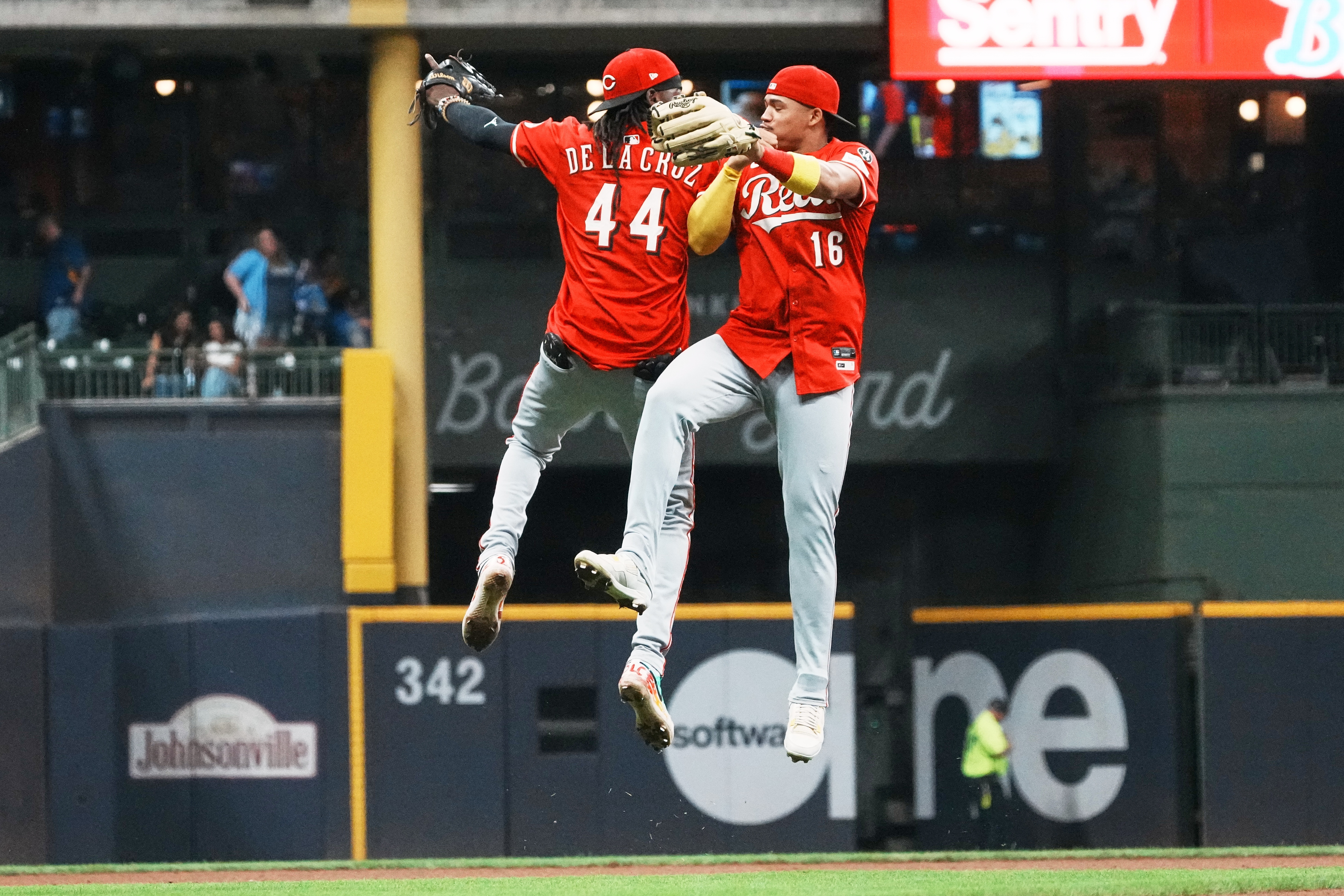 Cincinnati Reds' Elly De La Cruz and Noelvi Marte celebrate after a baseball game against the Milwaukee Brewers Saturday, Sept. 27, 2025, in Milwaukee. 