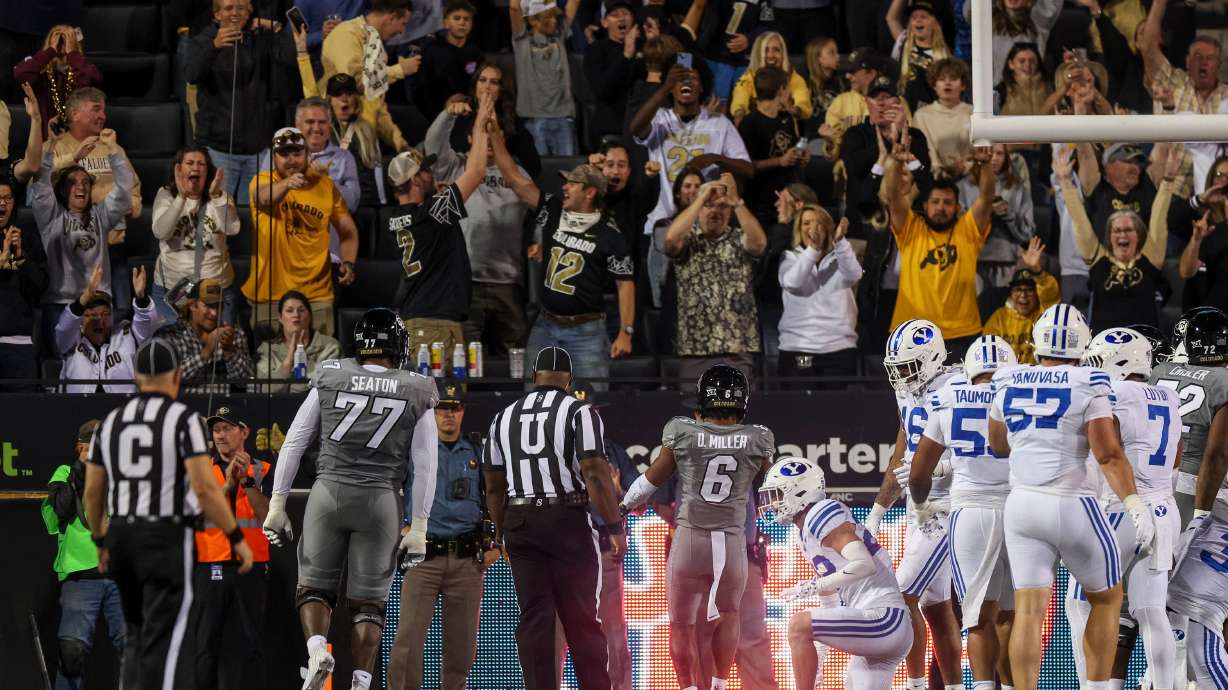 Colorado wide receiver Dre'lon Miller (6) celebrates after scoring a rushing touchdown during the first half of the game against the BYU Cougars at Folsom Field in Boulder, Colo., on Saturday, Sept. 27, 2025.