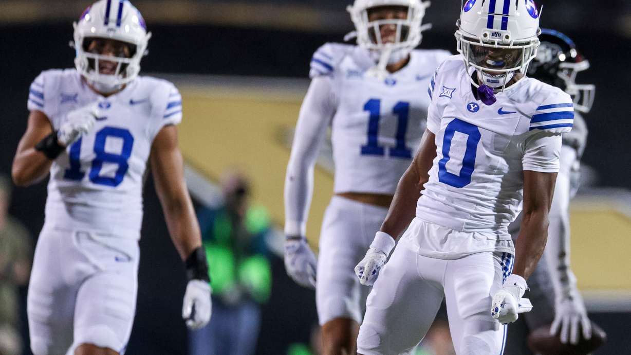 BYU Cougars cornerback Evan Johnson (0) reacts after breaking up a pass during the first half of the game against the Colorado Buffaloes at Folsom Field in Boulder, Colo., on Saturday, Sept. 27, 2025.
