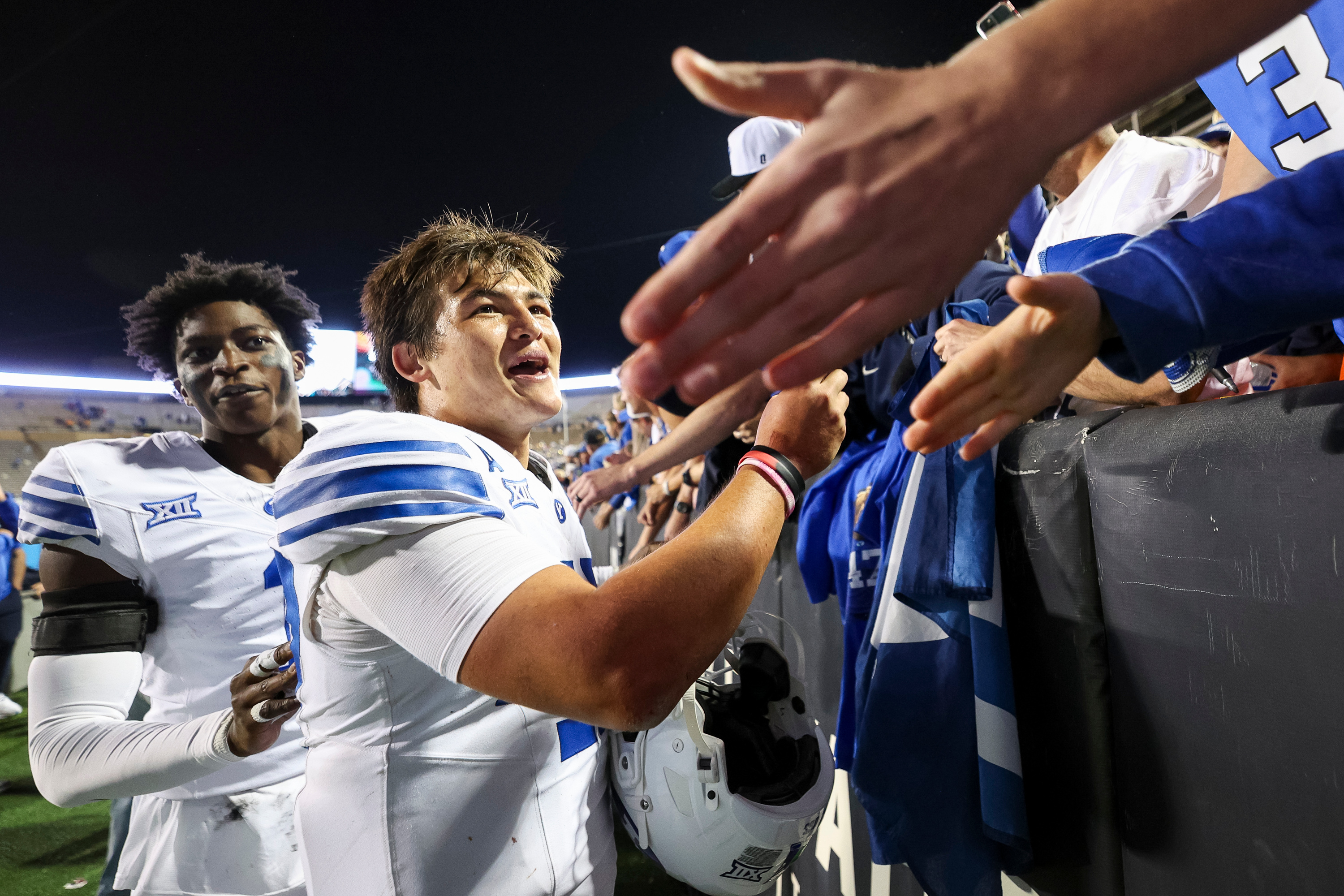 BYU Cougars quarterback Bear Bachmeier (47) greets fans after the game against the Colorado Buffaloes at Folsom Field in Boulder, Colo., on Saturday, Sept. 27, 2025.