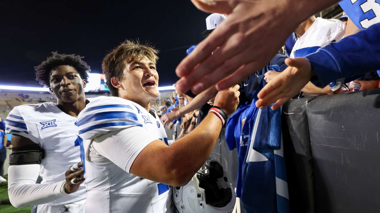 BYU Cougars quarterback Bear Bachmeier (47) greets fans after the game against the Colorado Buffaloes at Folsom Field in Boulder, Colo., on Saturday, Sept. 27, 2025.