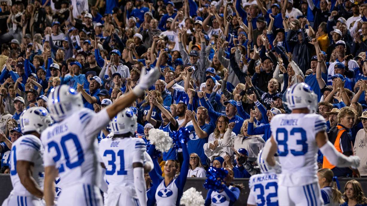 BYU Cougars fans cheer during the second half of the game against the Colorado Buffaloes at Folsom Field in Boulder, Colo., on Saturday, Sept. 27, 2025.