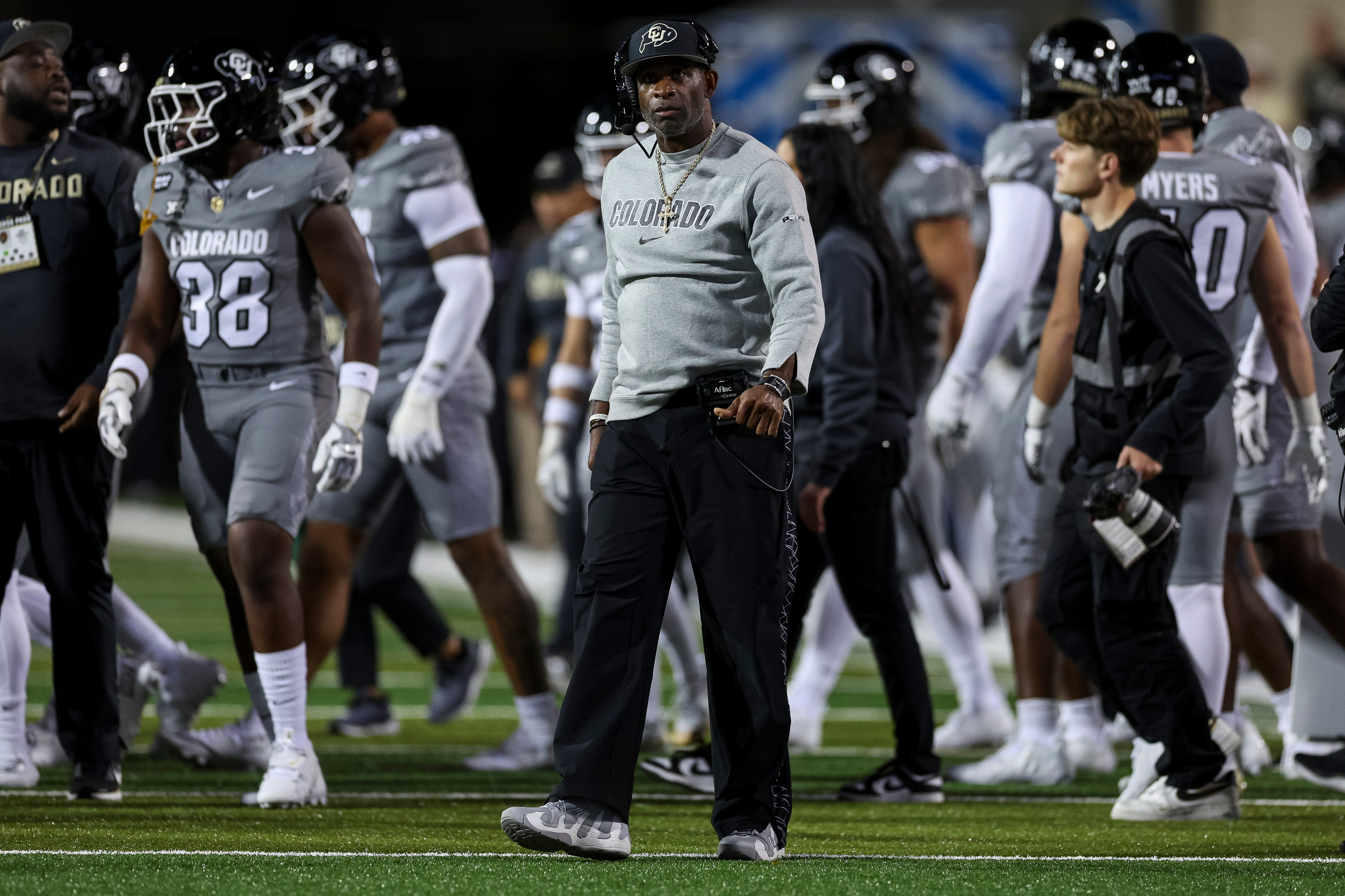 Colorado head coach Deion Sanders looks on during the second half of the game against the BYU Cougars at Folsom Field in Boulder, Colorado, on Saturday, Sept. 27, 2025.