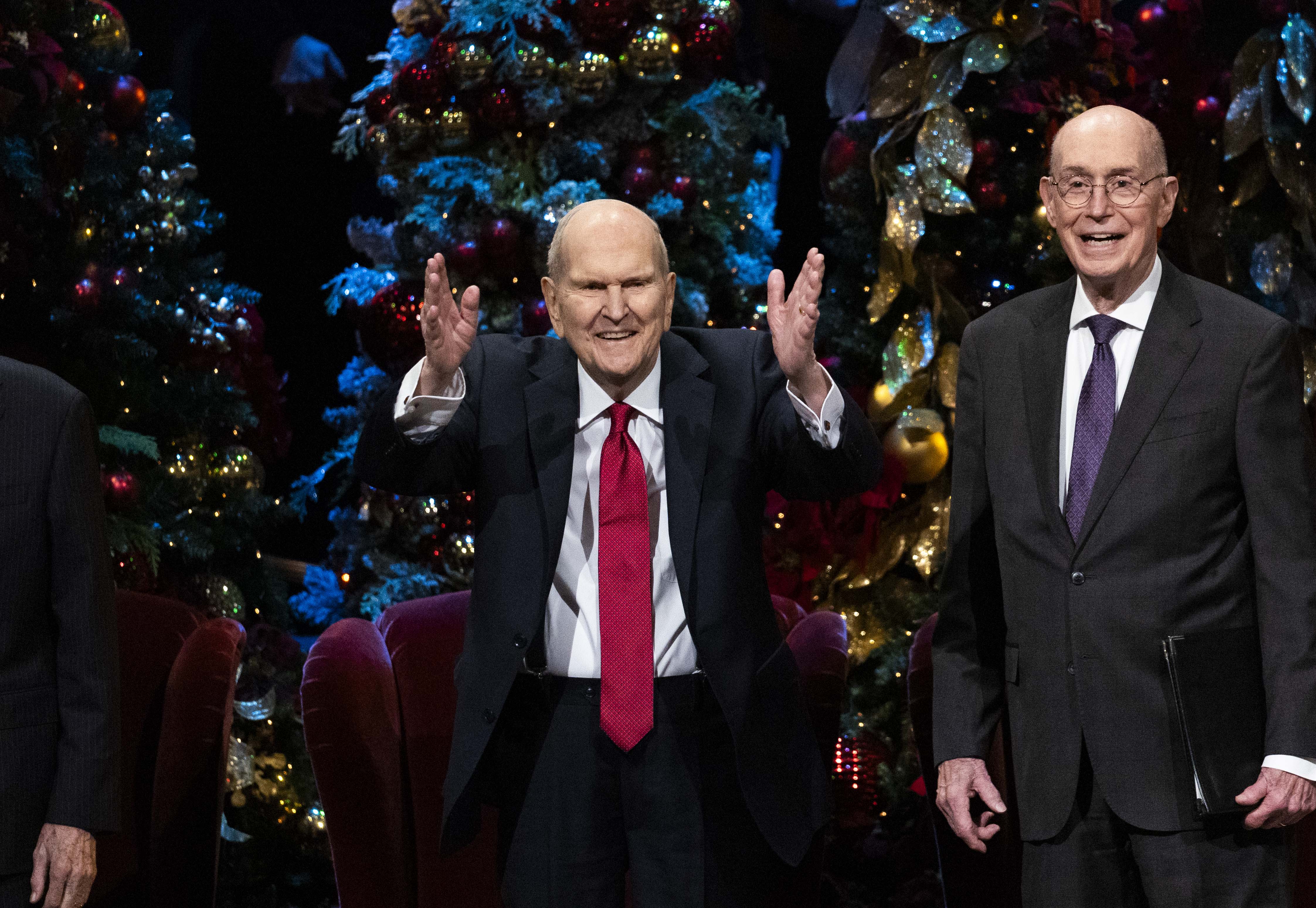 President Russell M. Nelson of The Church of Jesus Christ of Latter-day Saints blows a kiss to audience members during the First Presidency’s Christmas Devotional at the Conference Center in Salt Lake City on Sunday, Dec. 8, 2024.