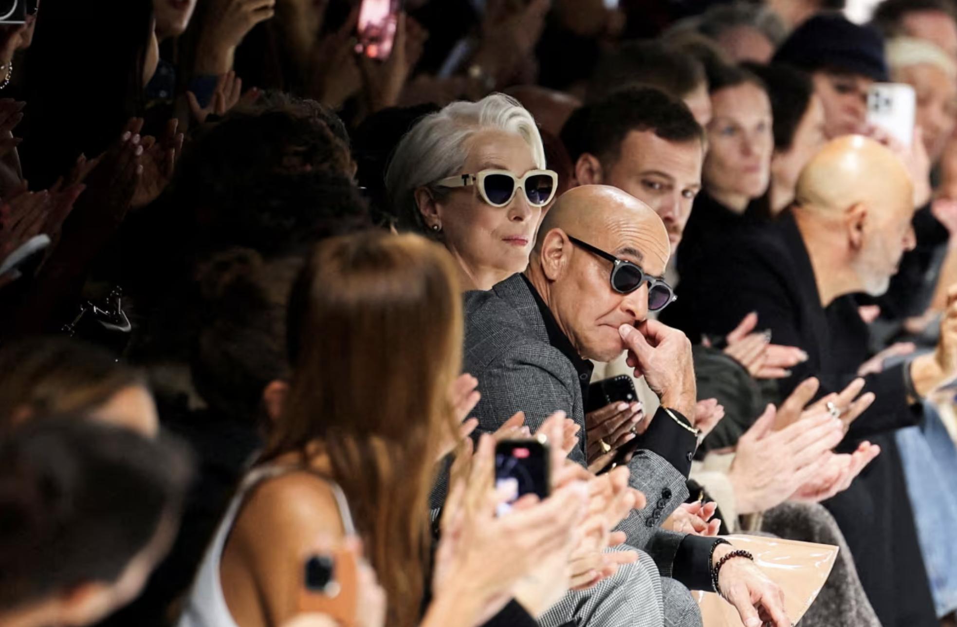 Meryl Streep and Stanley Tucci look on at the end of the Dolce & Gabbana Spring-Summer 2026 collection show during Fashion Week in Milan, Italy, on Saturday.