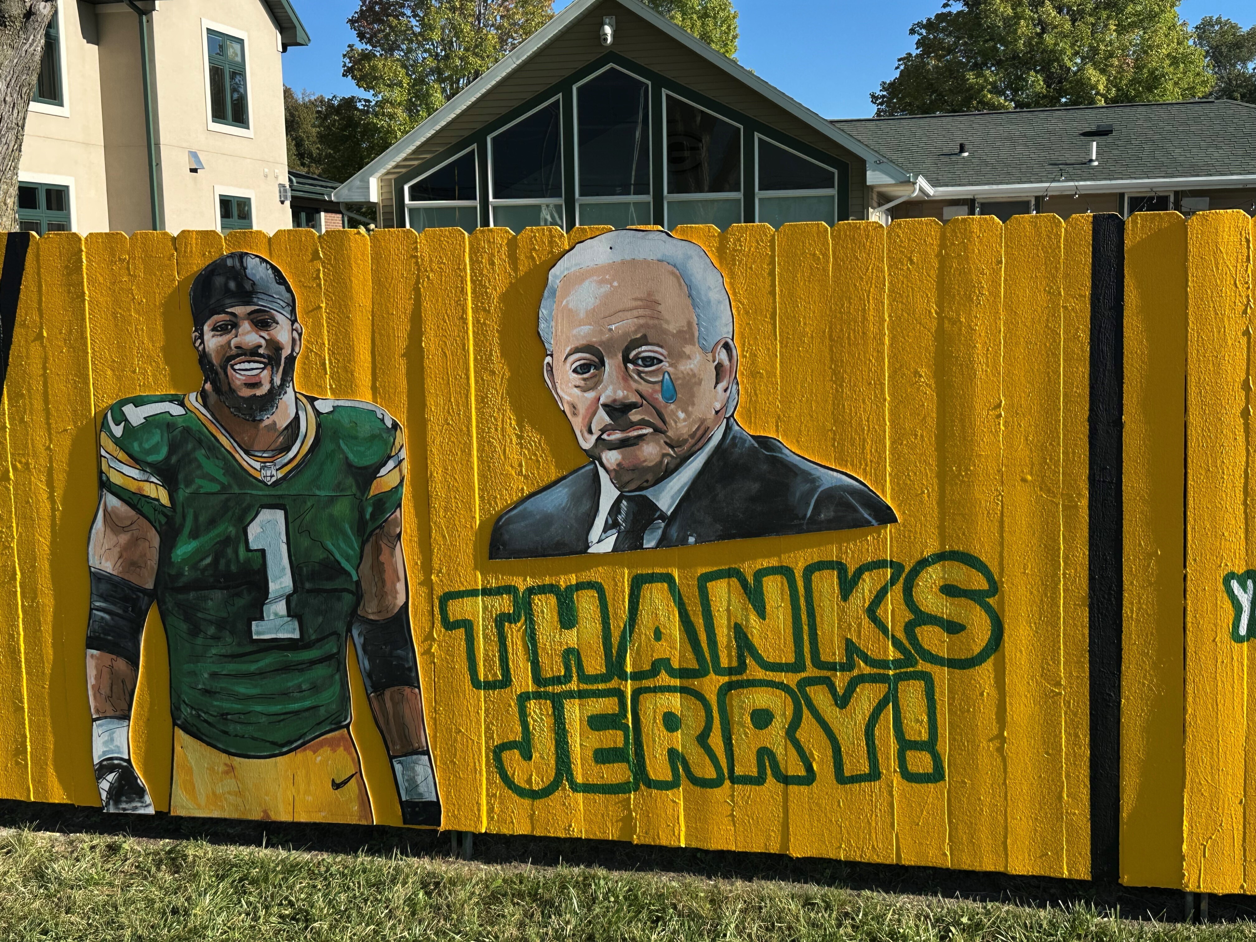 A sign outside a home across the street from Lambeau Field thanks Dallas Cowboy's owner Jerry Jones for trading Micah Parsons to the Green Bay Packers in Green Bay, Wis., on Thursday, Sept. 25, 2025. 