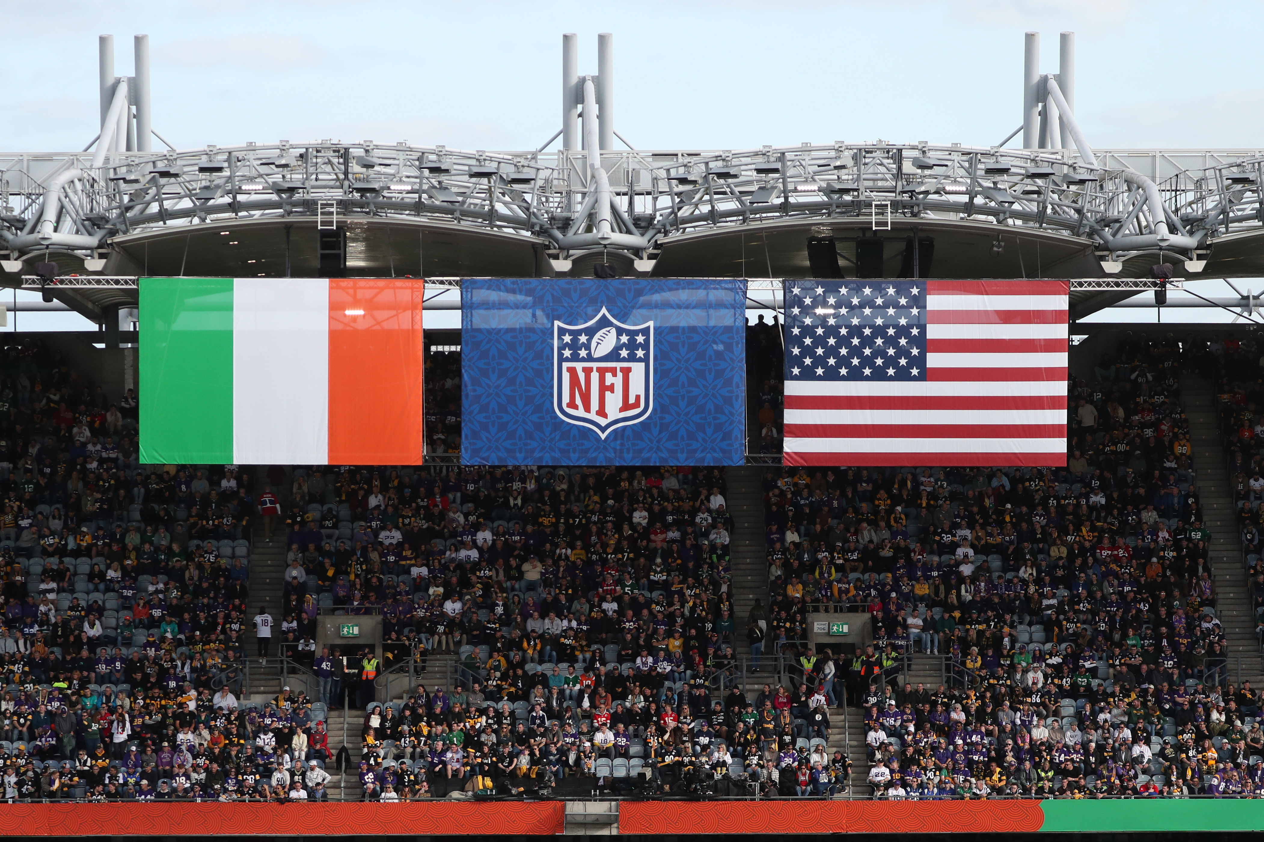 Supporters sit in the stands during the NFL football game between Minnesota Vikings and Pittsburgh Steelers at Croke Park stadium in Dublin, Sunday, Sept. 28, 2025.