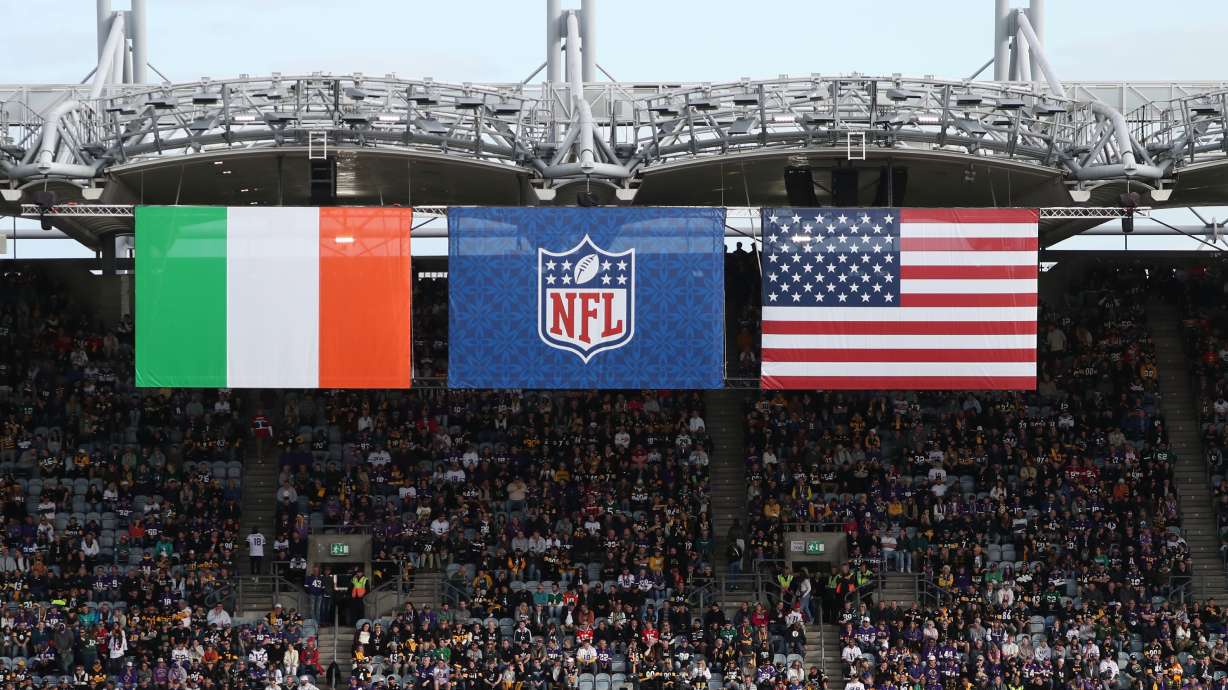 Supporters sit in the stands during the NFL football game between Minnesota Vikings and Pittsburgh Steelers at Croke Park stadium in Dublin, Sunday, Sept. 28, 2025.